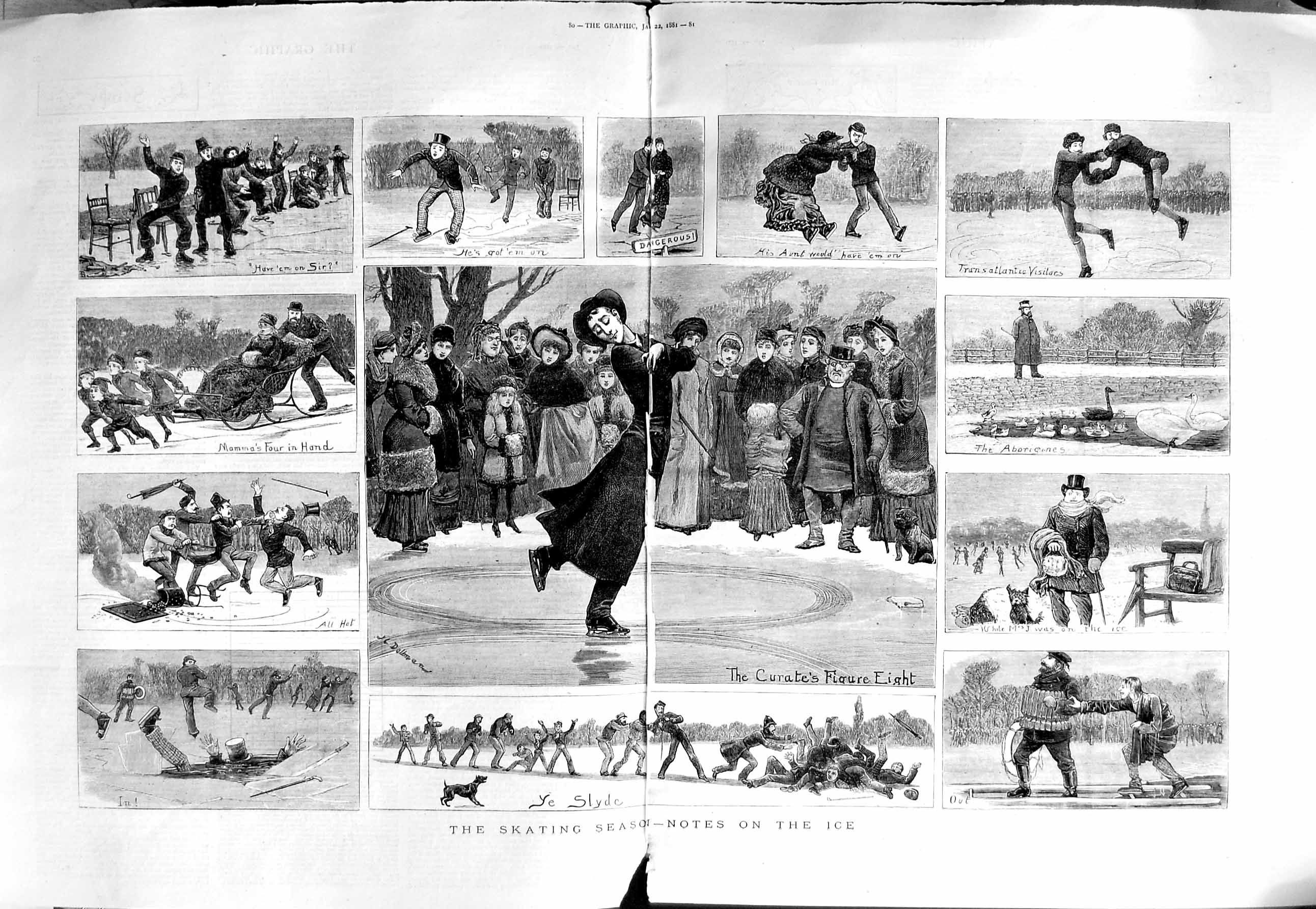 Original Old Antique Print 1881 Ice Skating Sport Curate Winter Children 0 19th