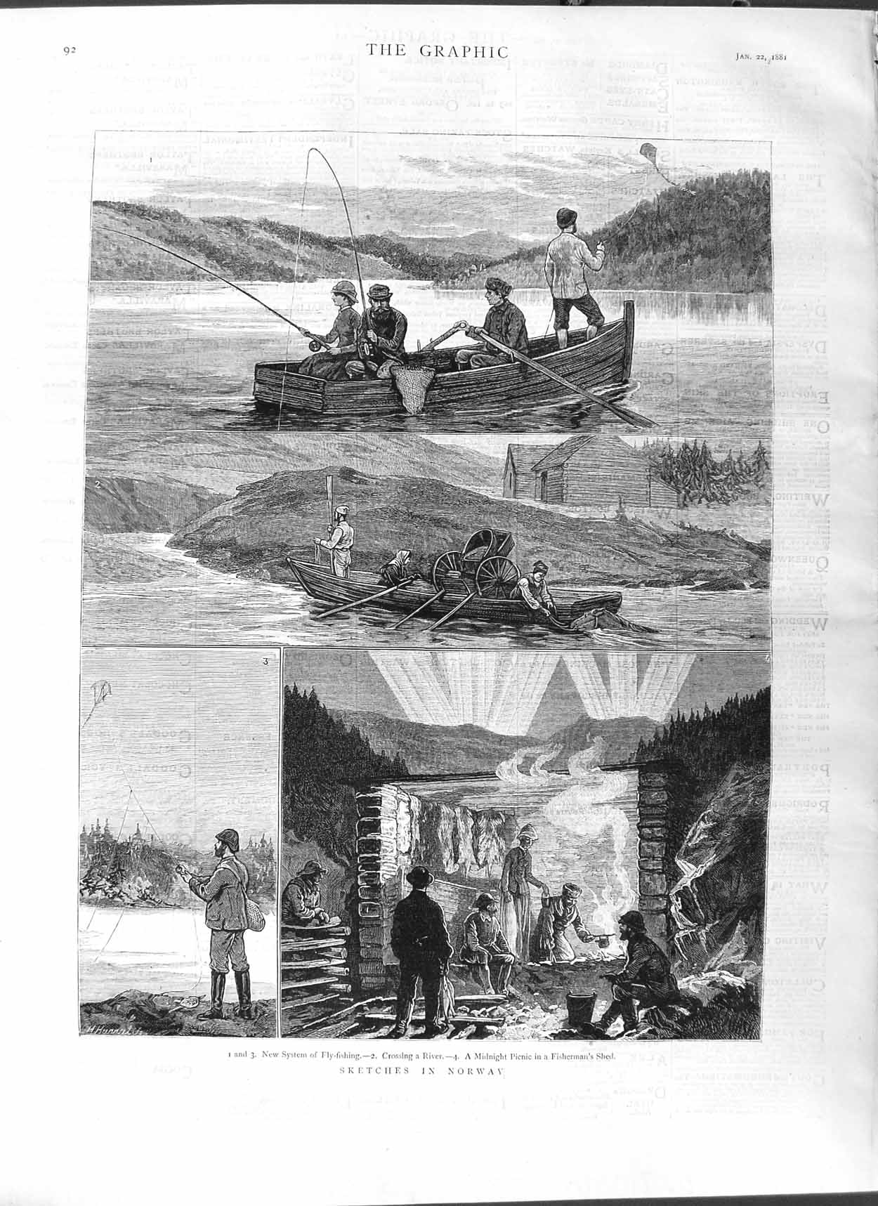Old Antique Print 1881 Norway Fly Fishing River Boat Fisherman Shed Sport 19th
