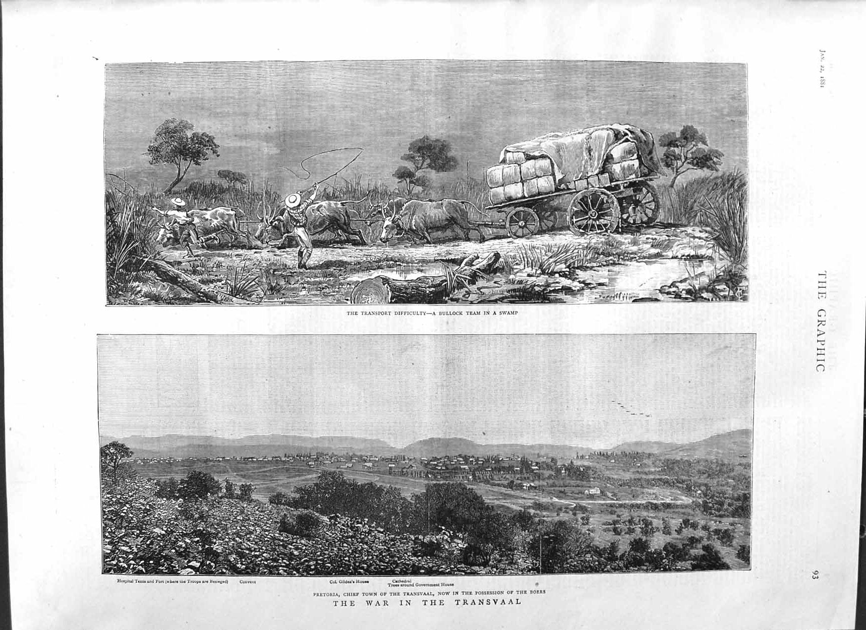 Original Old Antique Print 1881 War Transvaal Pretoria Boer Gildea Bulloc 19th