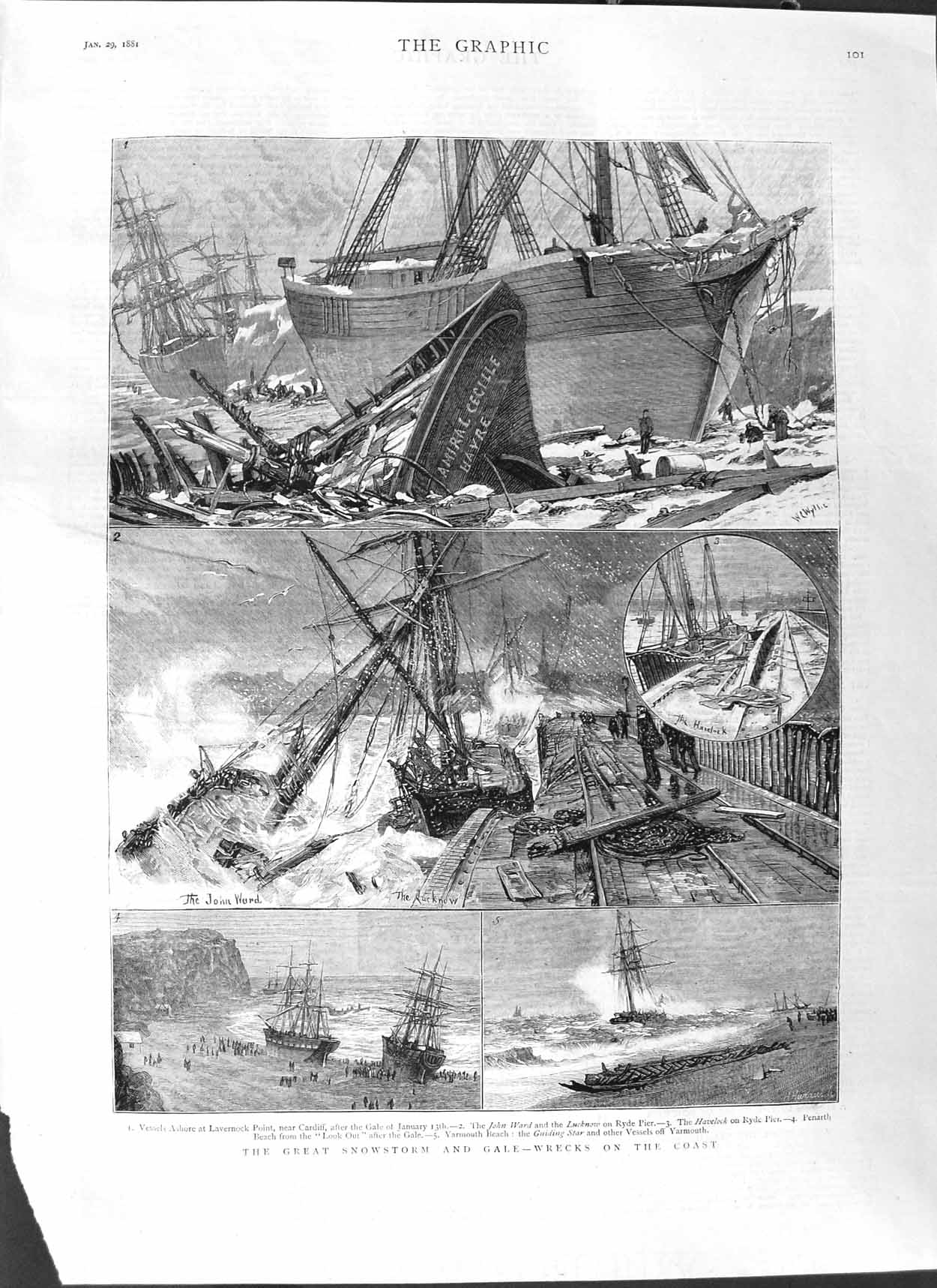 Original Old Antique Print 1881 Snowstorm Gale Storm Ship Wrecks Lavernock Ryde