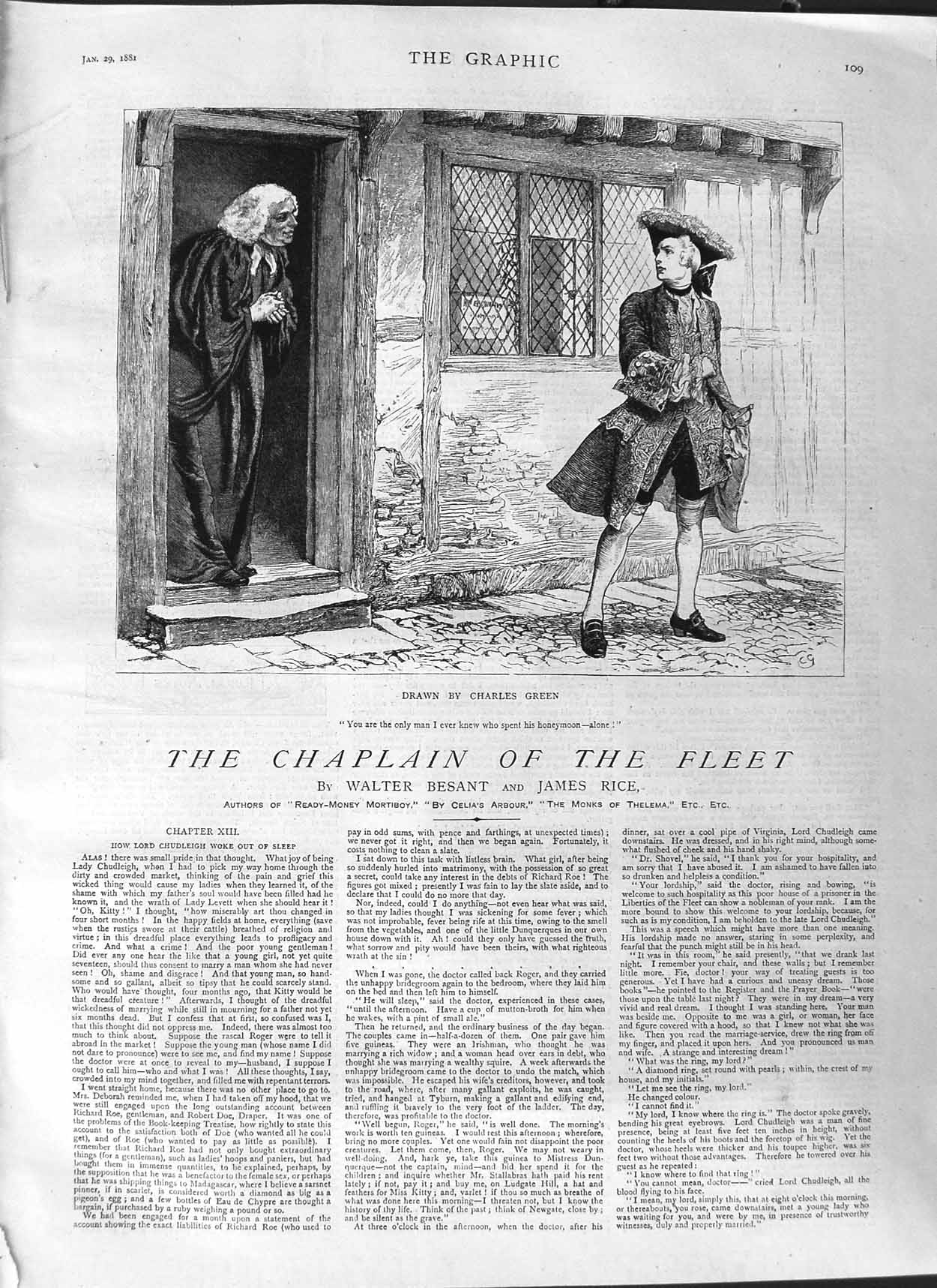 Old Antique Print 1881 Illustration Story Chaplain Fleet Men House Scene 19th