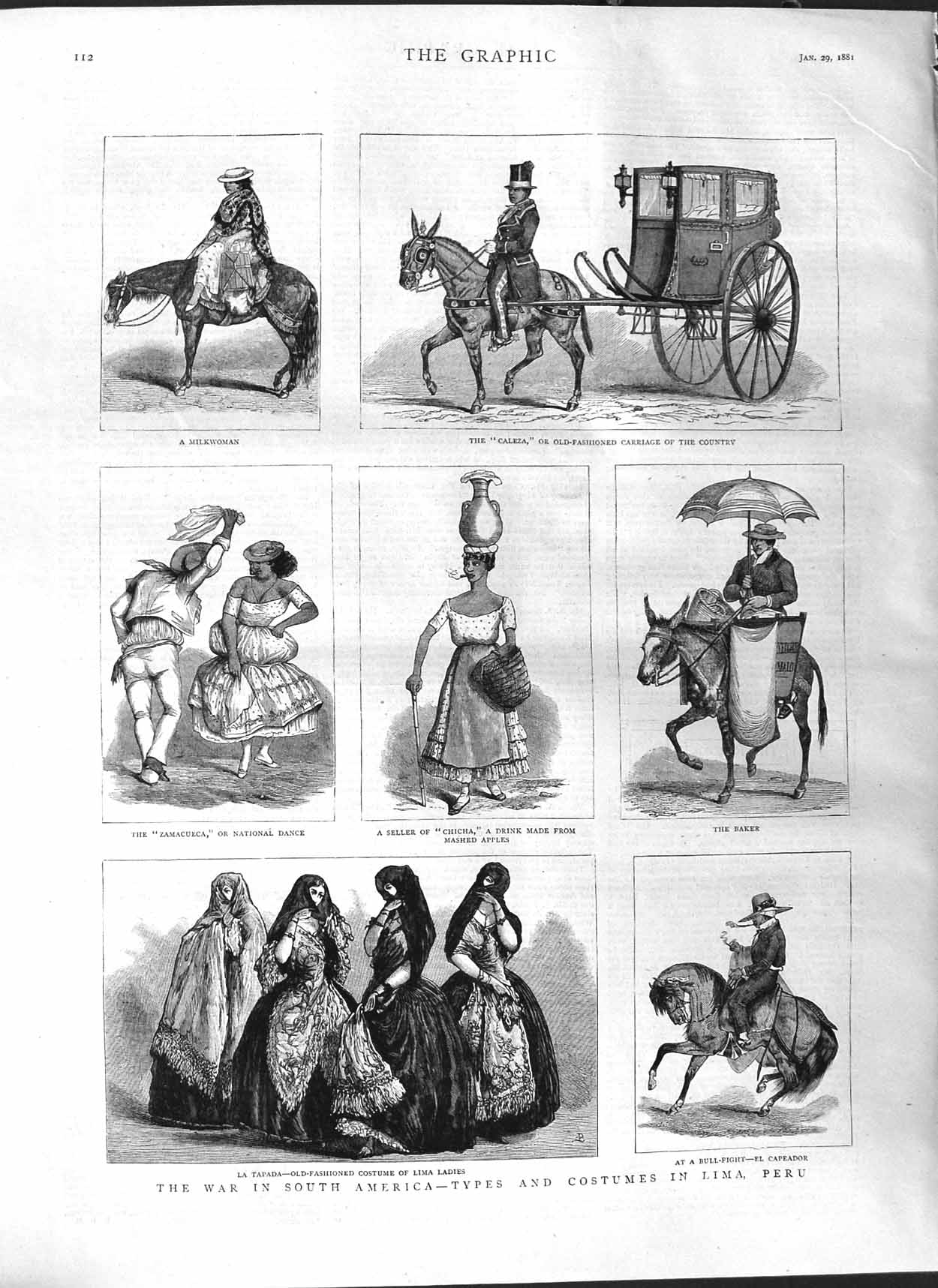 Original Old Antique Print 1881 South America Costumes Lima Peru Baker Caleza