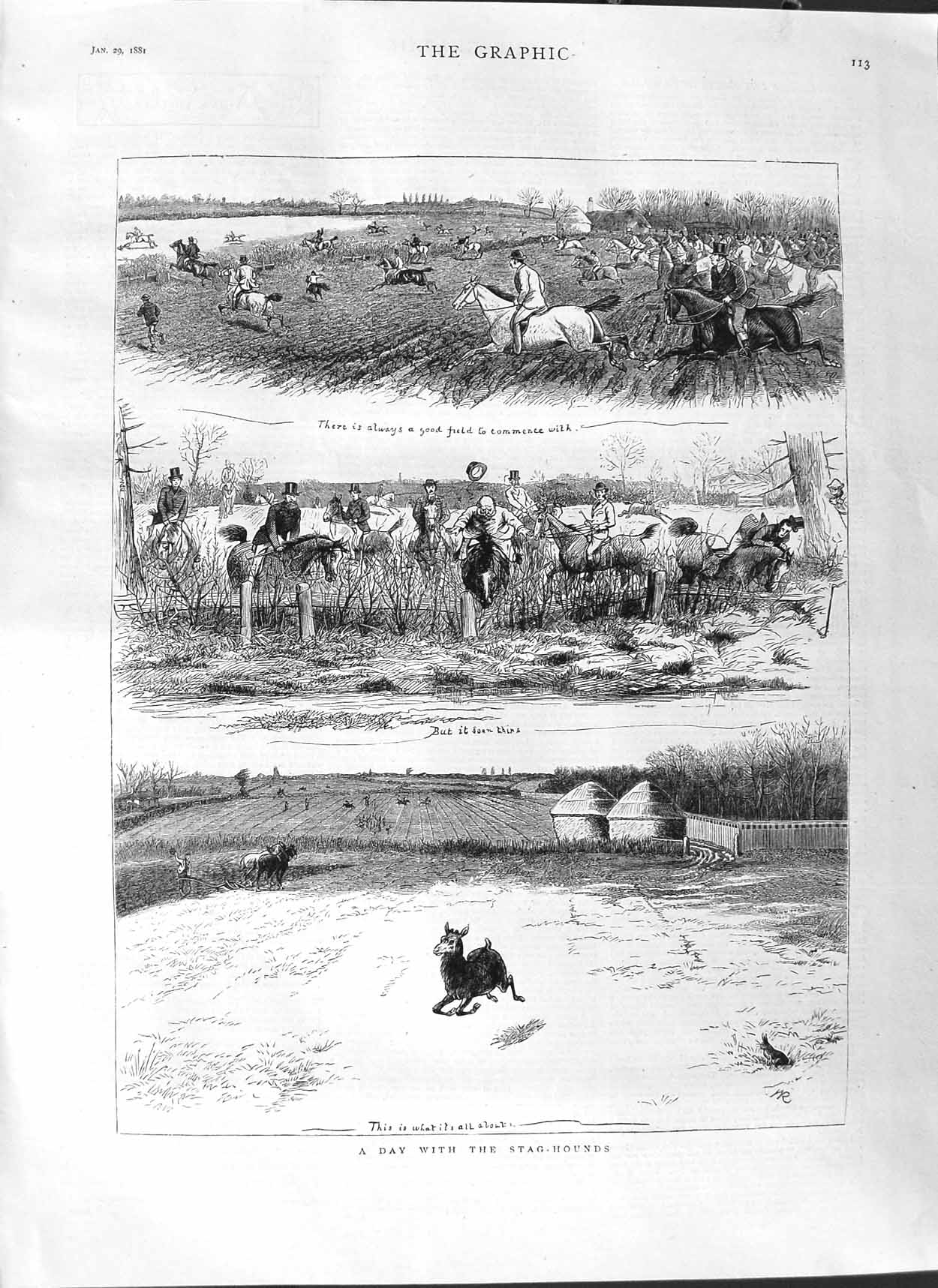 Original Old Antique Print 1881 Stag Hounds Dogs Hunting Sport Country Horses