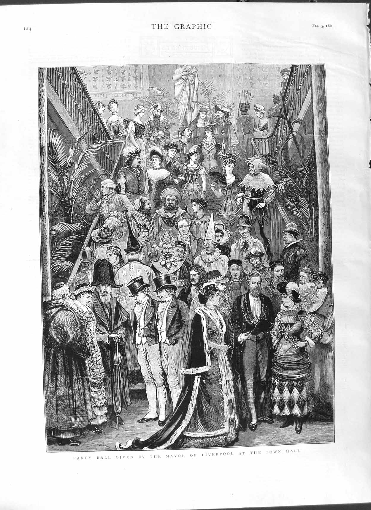 Original Old Antique Print 1881 Fancy Ball Mayor Liverpool Town Hall Costumes