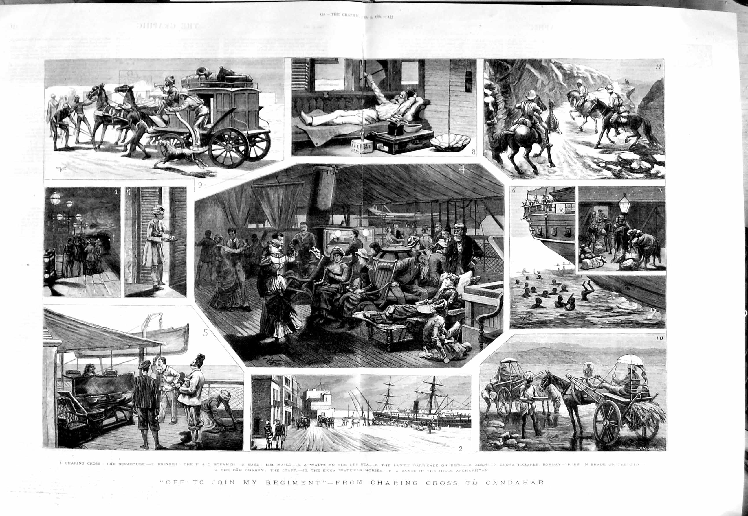 Old Antique Print 1881 Charing Cross Candahar Suez Bombay Steamer Ship 19th
