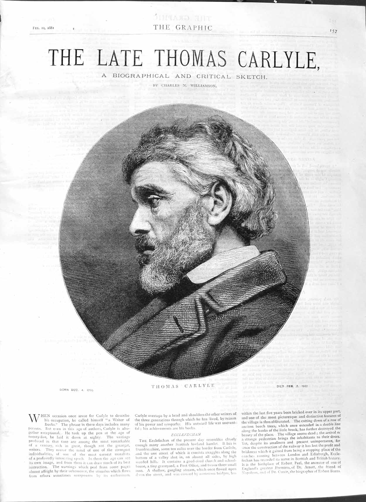Original Old Antique Print 1881 Thomas Carlyle John Aitken Edinburgh Recto 19th
