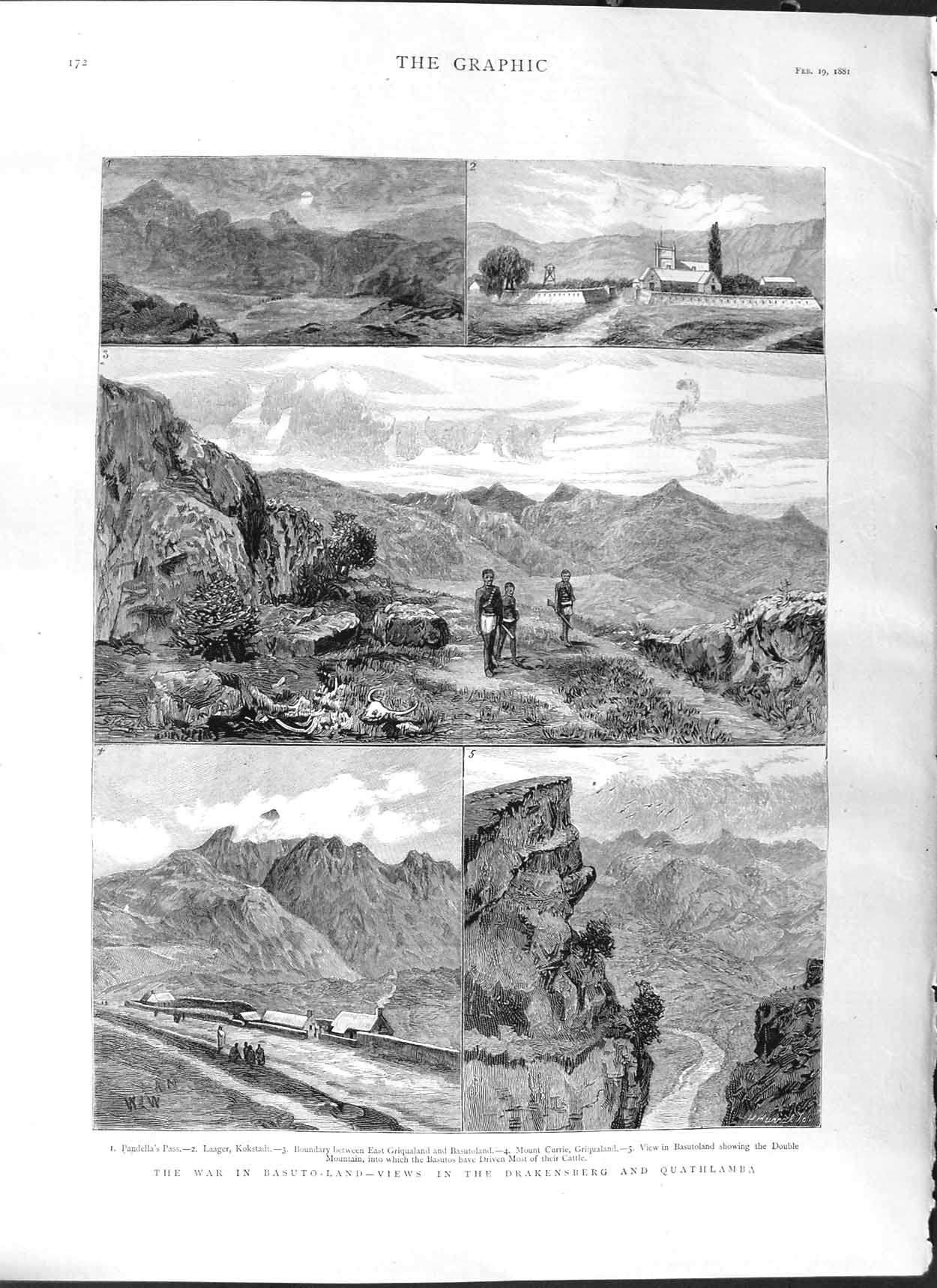 Old Antique Print 1881 War Basuto-Land Drakensberg Quathlamba Pandellas 19th
