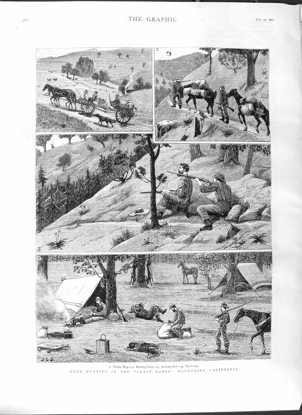 Original Old Antique Print 1881 Deer Hunting Coast Range Mountains California