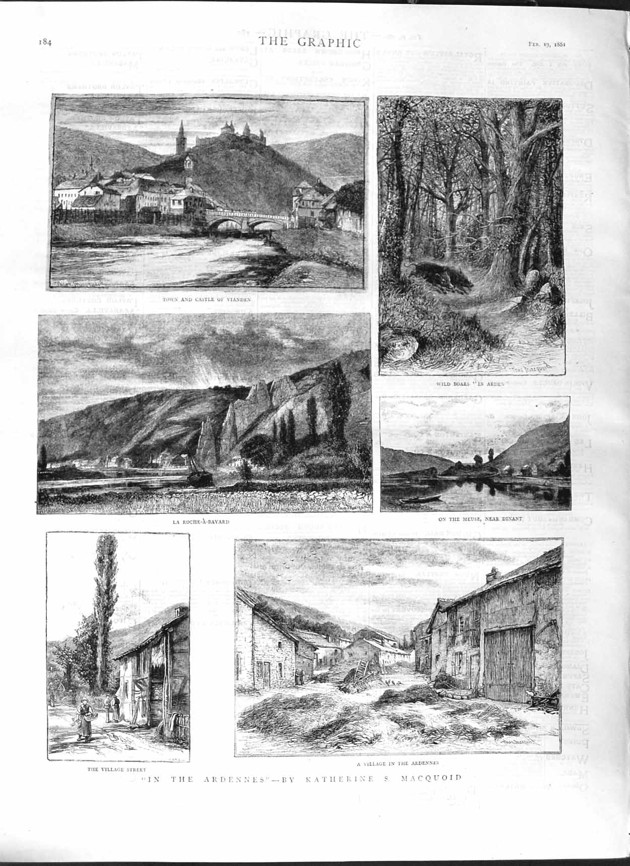 Original Old Antique Print 1881 Ardennes Wild Boars Castle Vianden Meuse Dinant