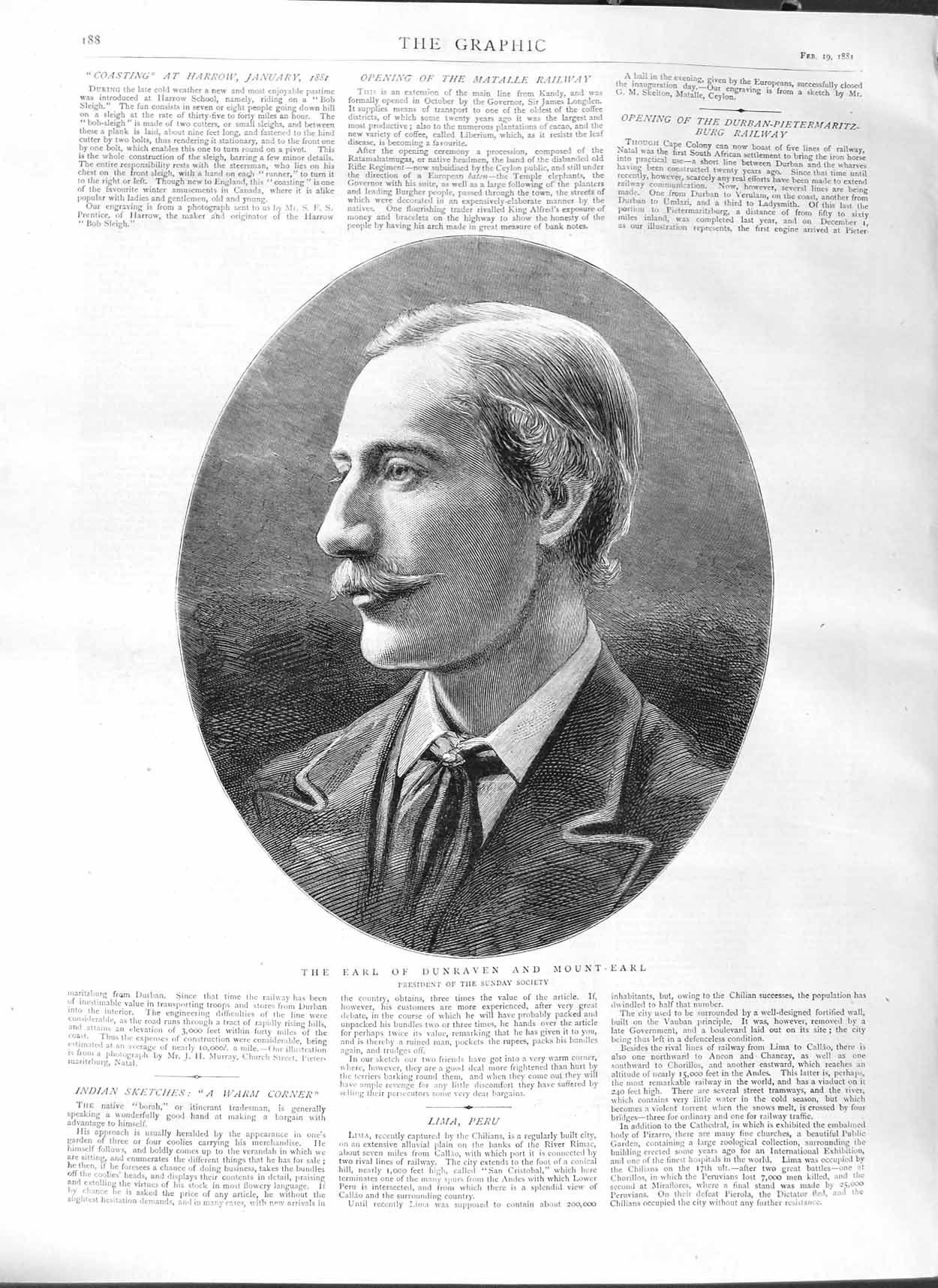Original Old Antique Print 1881 Portrait Earl Dunraven Mount-Earl Sunday 19th