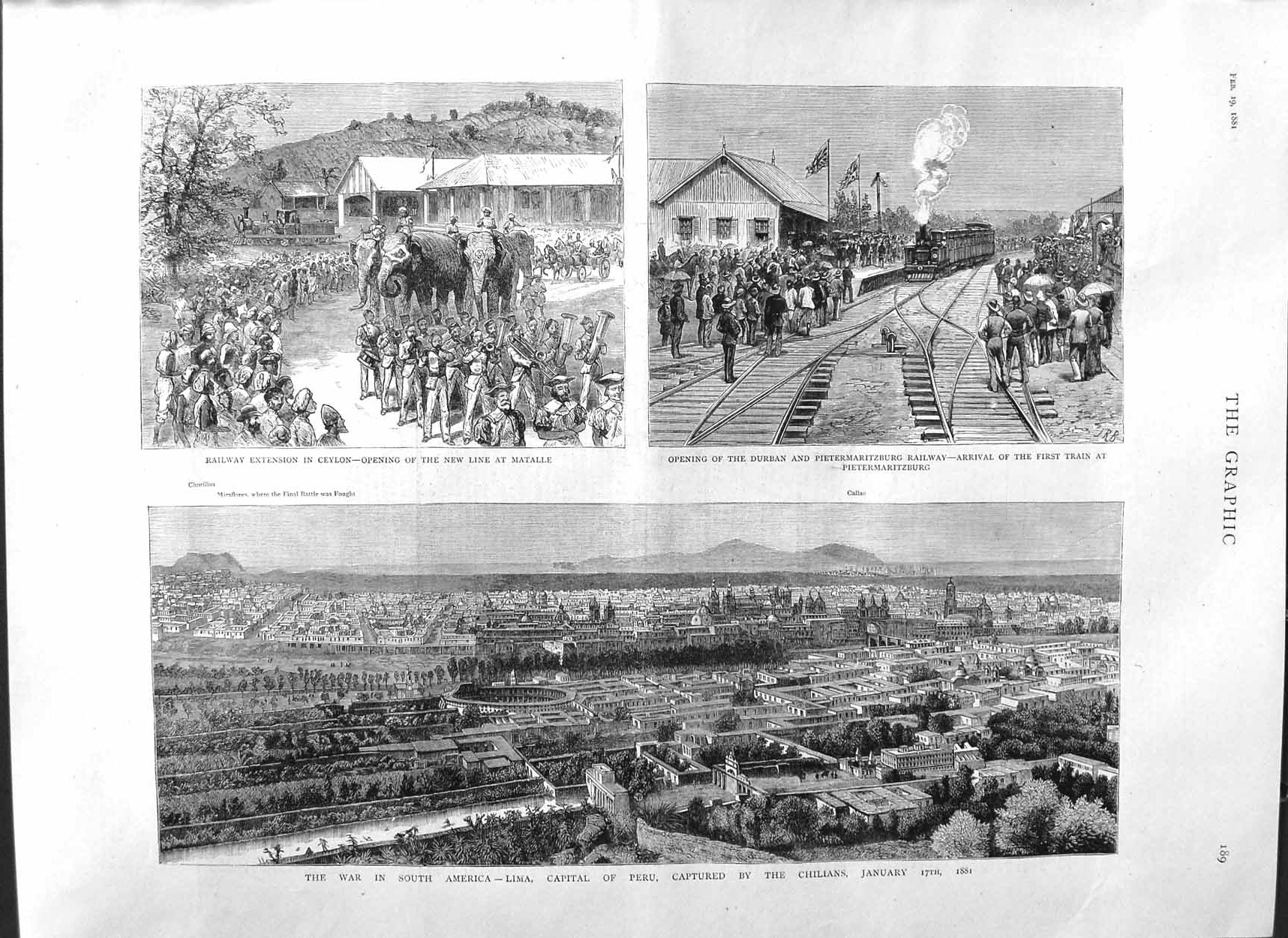 Old Antique Print 1881 War America Lima Railway Ceylon Pietermaritzburg 19th