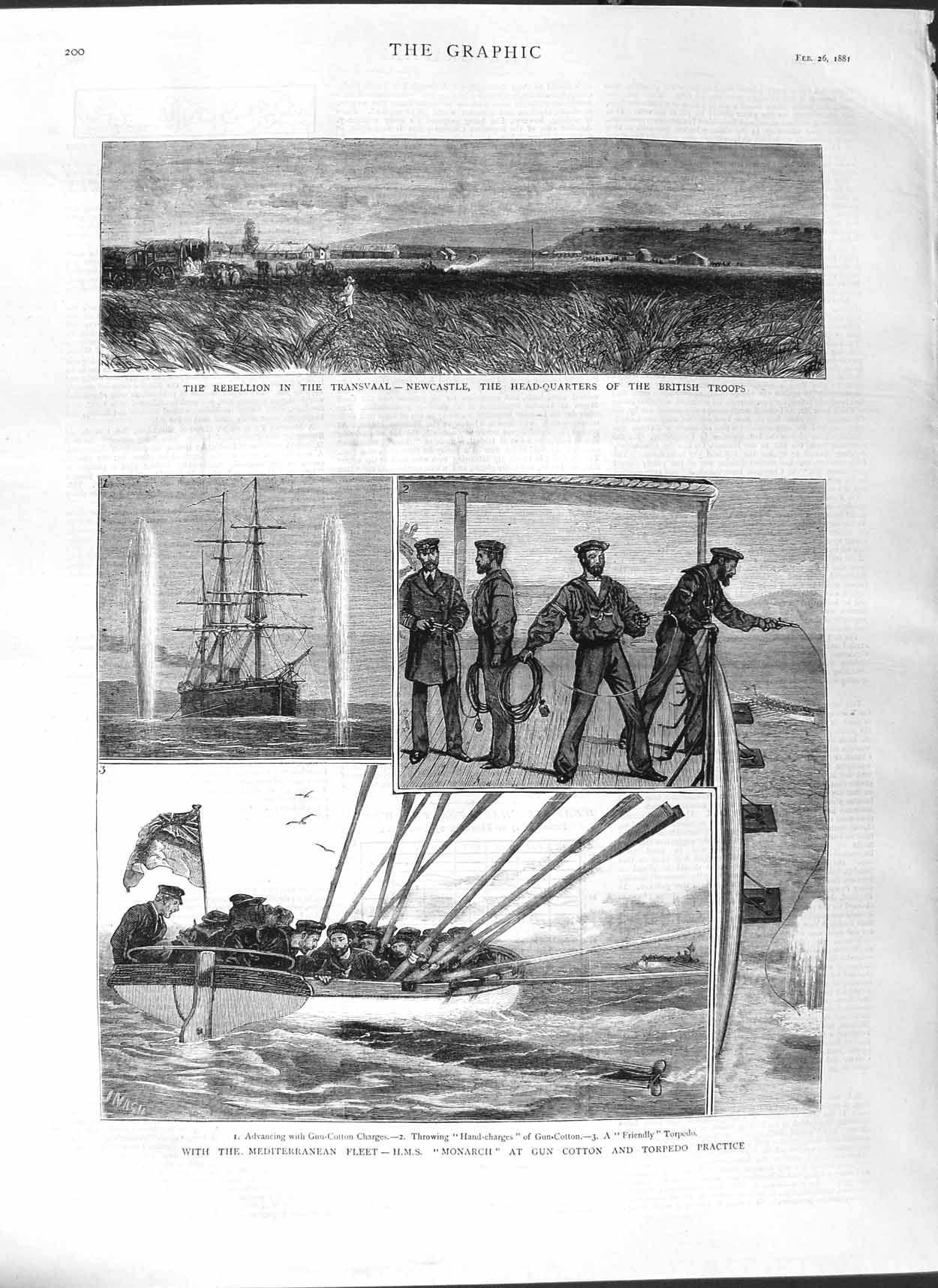 Old Antique Print 1881 Transvaal War Newcastle Ship Monarch Sailors War 19th