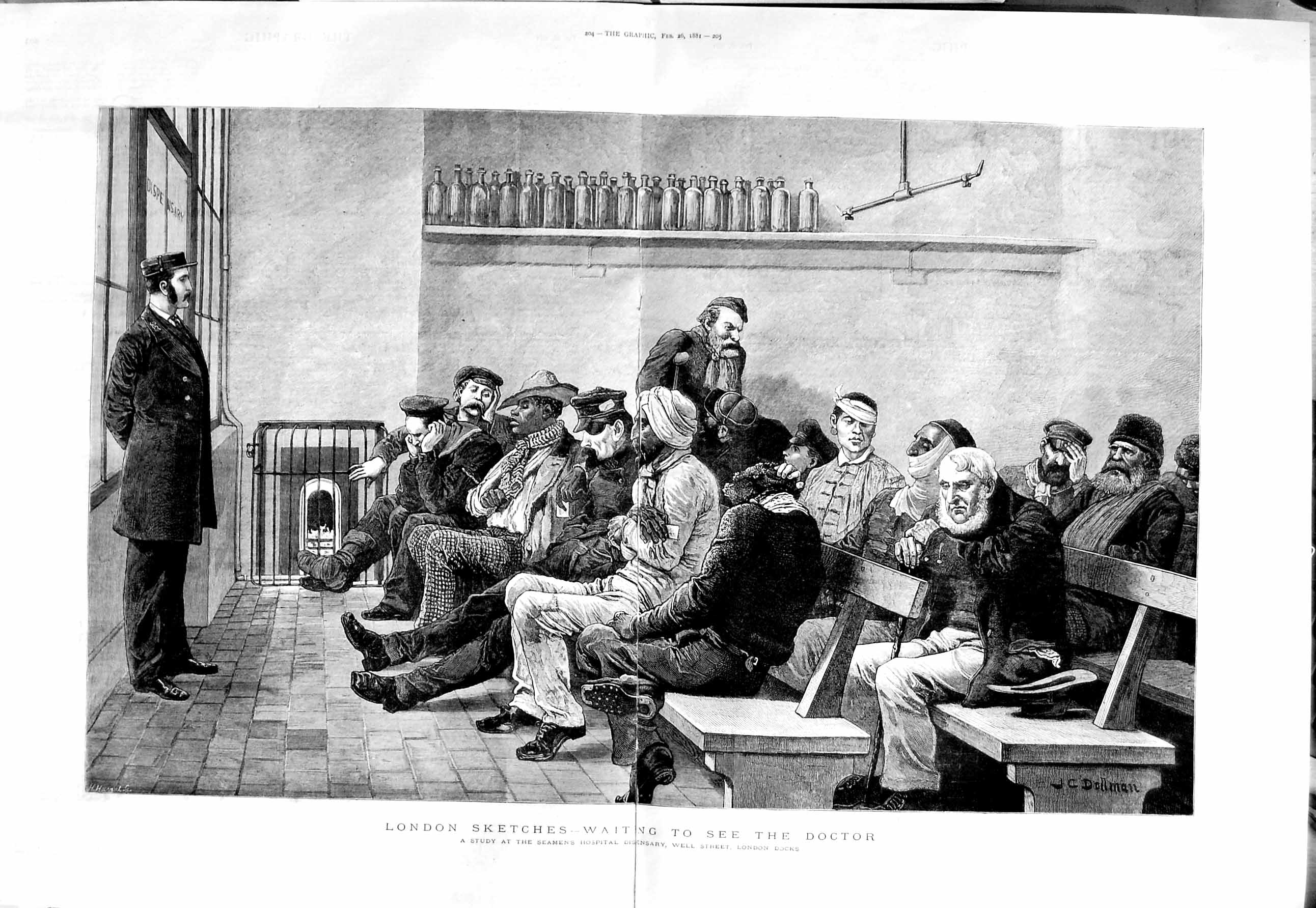 Original Old Antique Print 1881 Seamens Hospital Dispensary Well London Docks