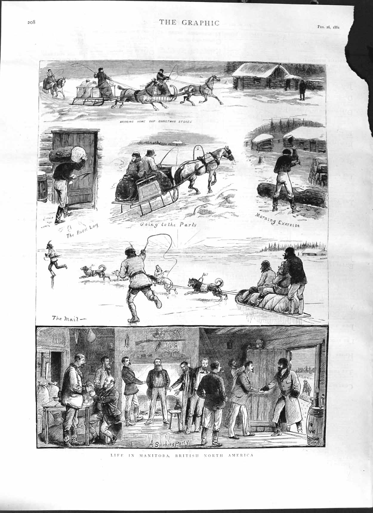 Original Old Antique Print 1881 Manitoba Life America Snow Dogs Sledge Smoking