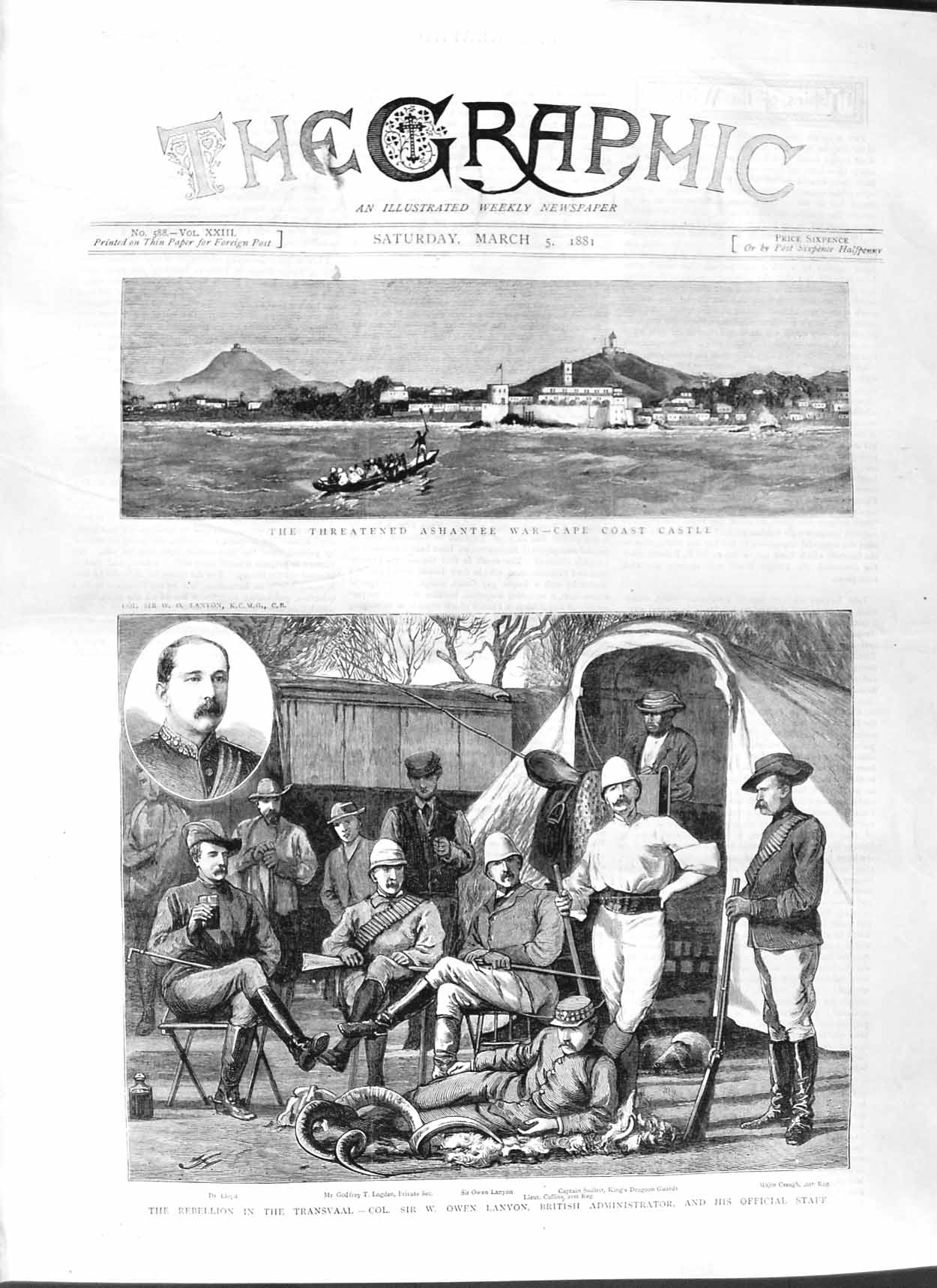 Original Old Antique Print 1881 Transvaal War Owen Lanyon Ashantee Cape Castle