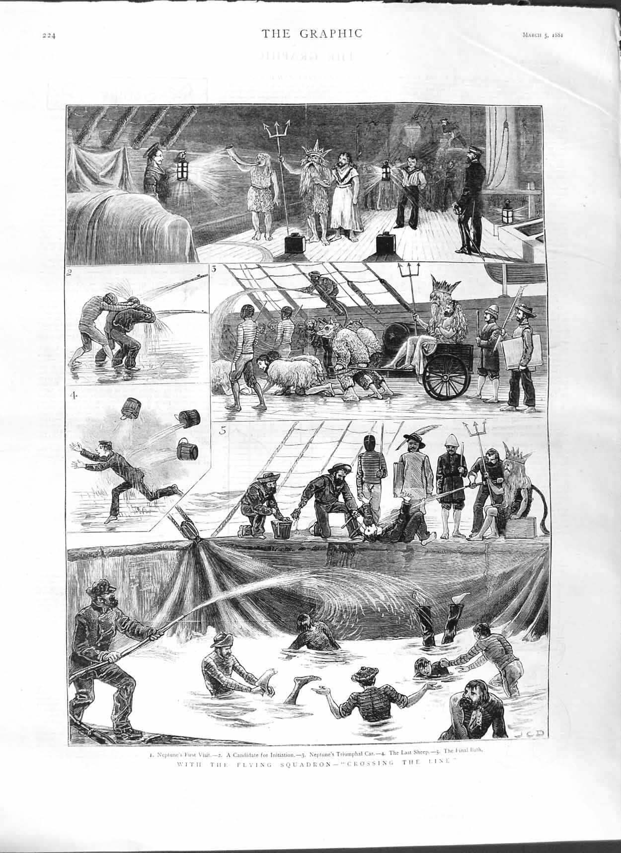 Original Old Antique Print 1881 Flying Squadron Neptune Sheep Sailors War Ship