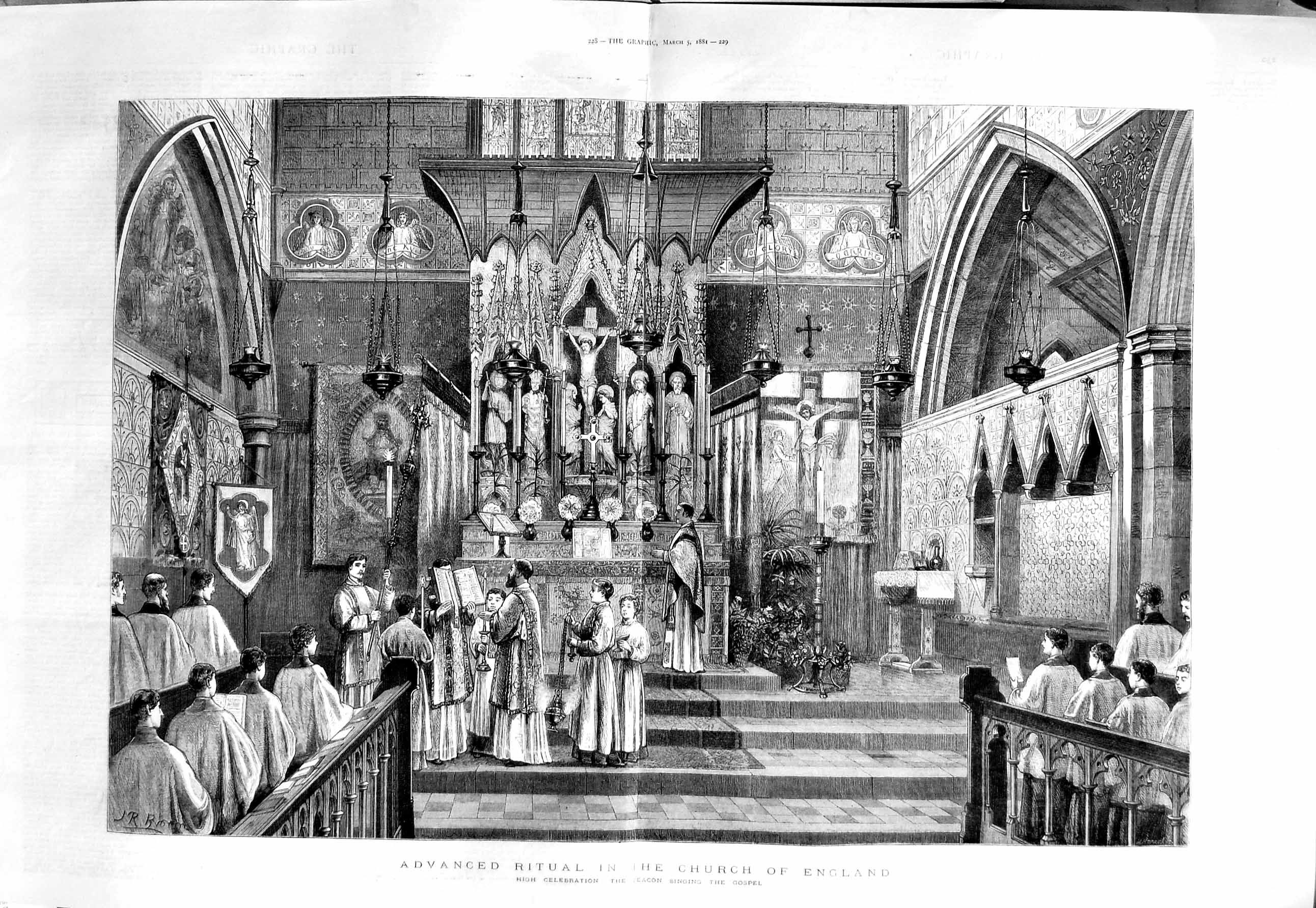 Original Old Antique Print 1881 Church England Deacon Singing Gospel F Victorian