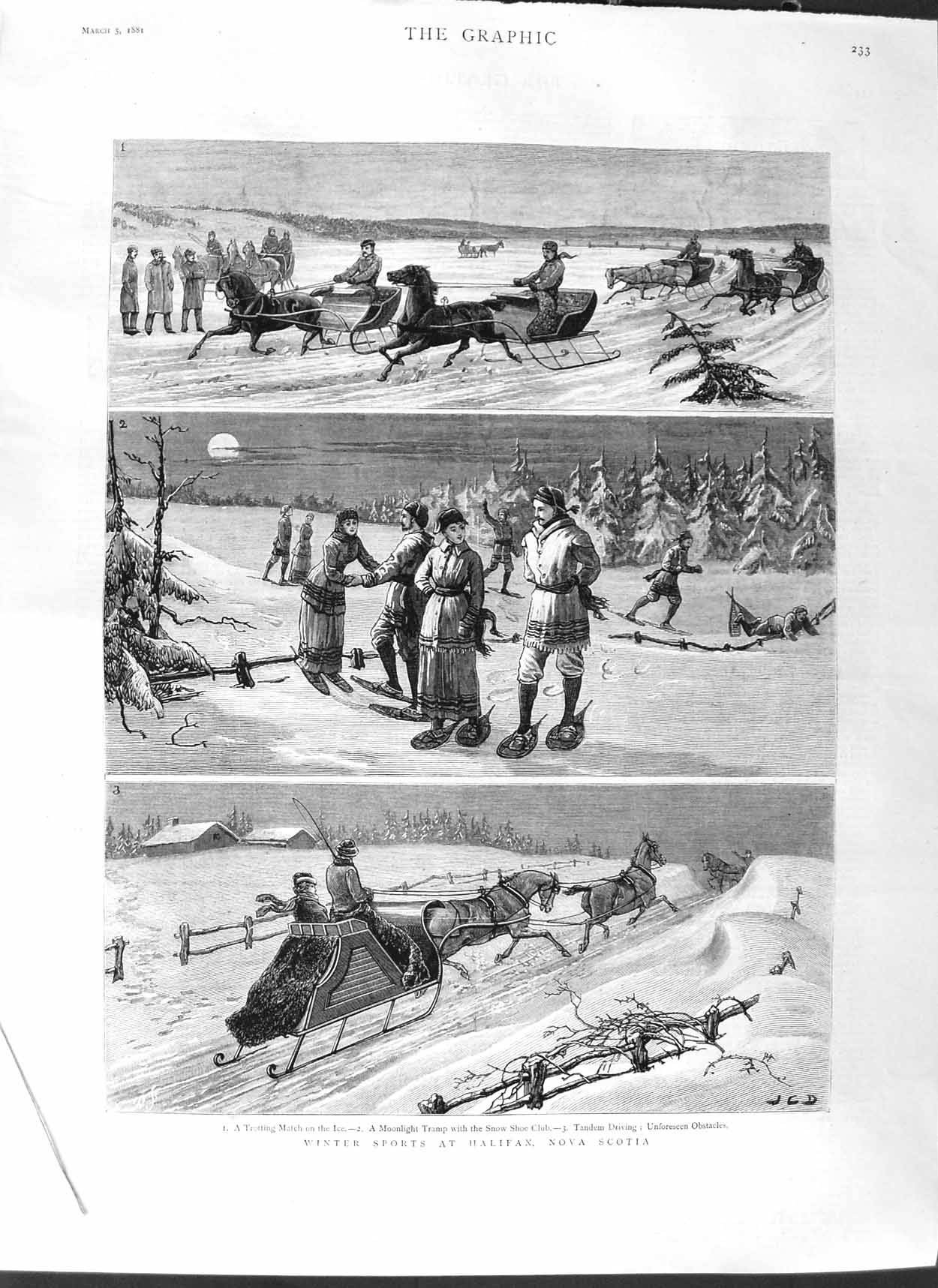 Original Old Antique Print 1881 Winter Sports Halifax Nova Scotia Snow Horses