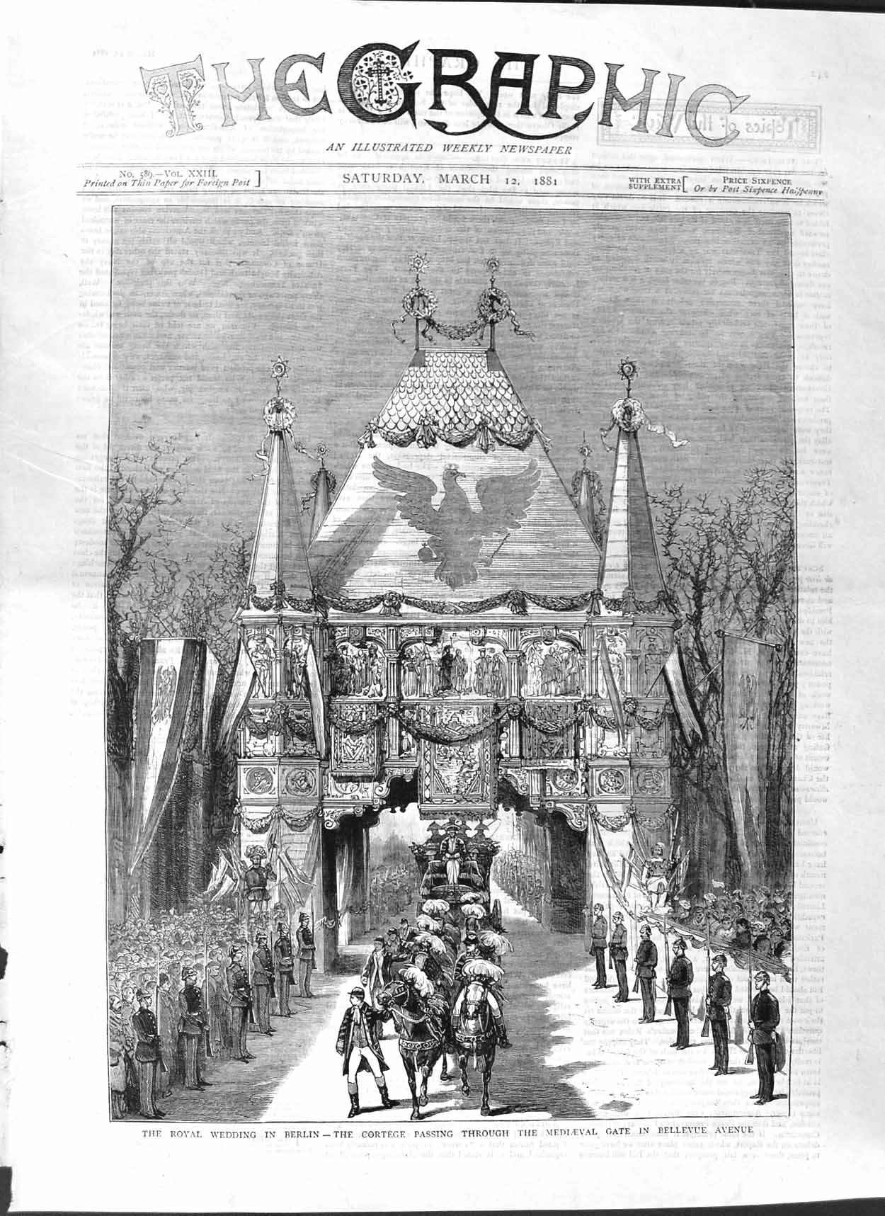 Original Old Antique Print 1881 Royal Wedding Berlin Mediaeval Gate Bellevue