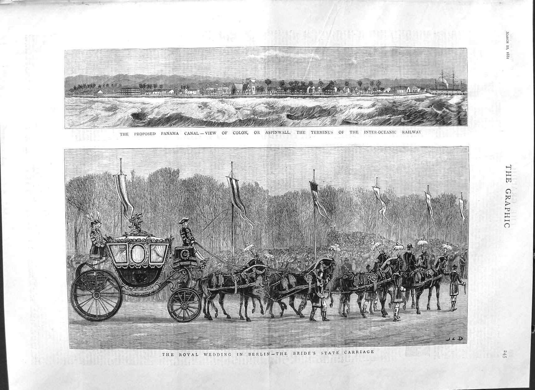 Old Antique Print 1881 Panama Canal Colon Aspinwall Royal Wedding Berlin 19th