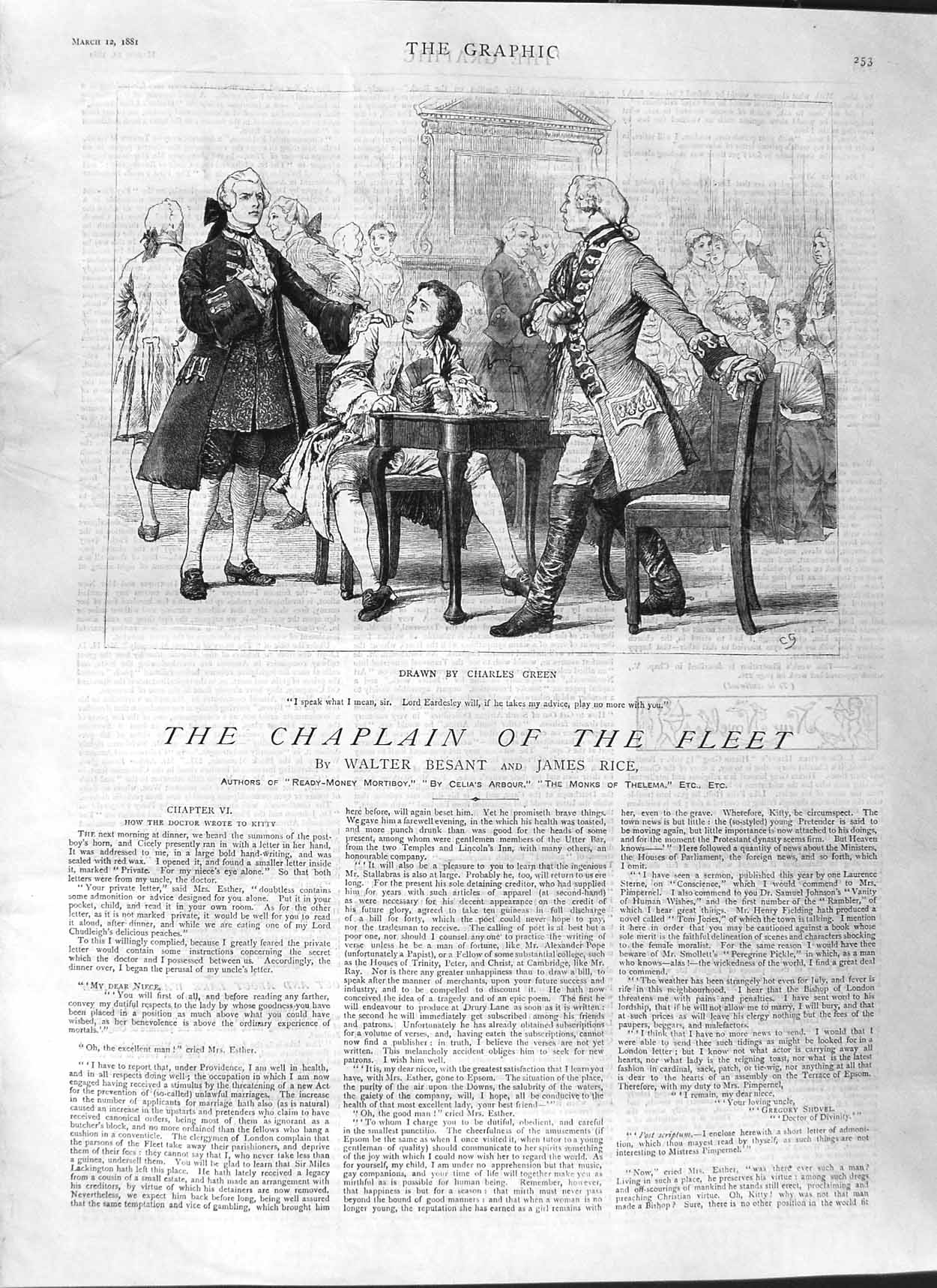 Old Antique Print 1881 Illustration Story Chaplain Fleet Lord Eardesley 19th
