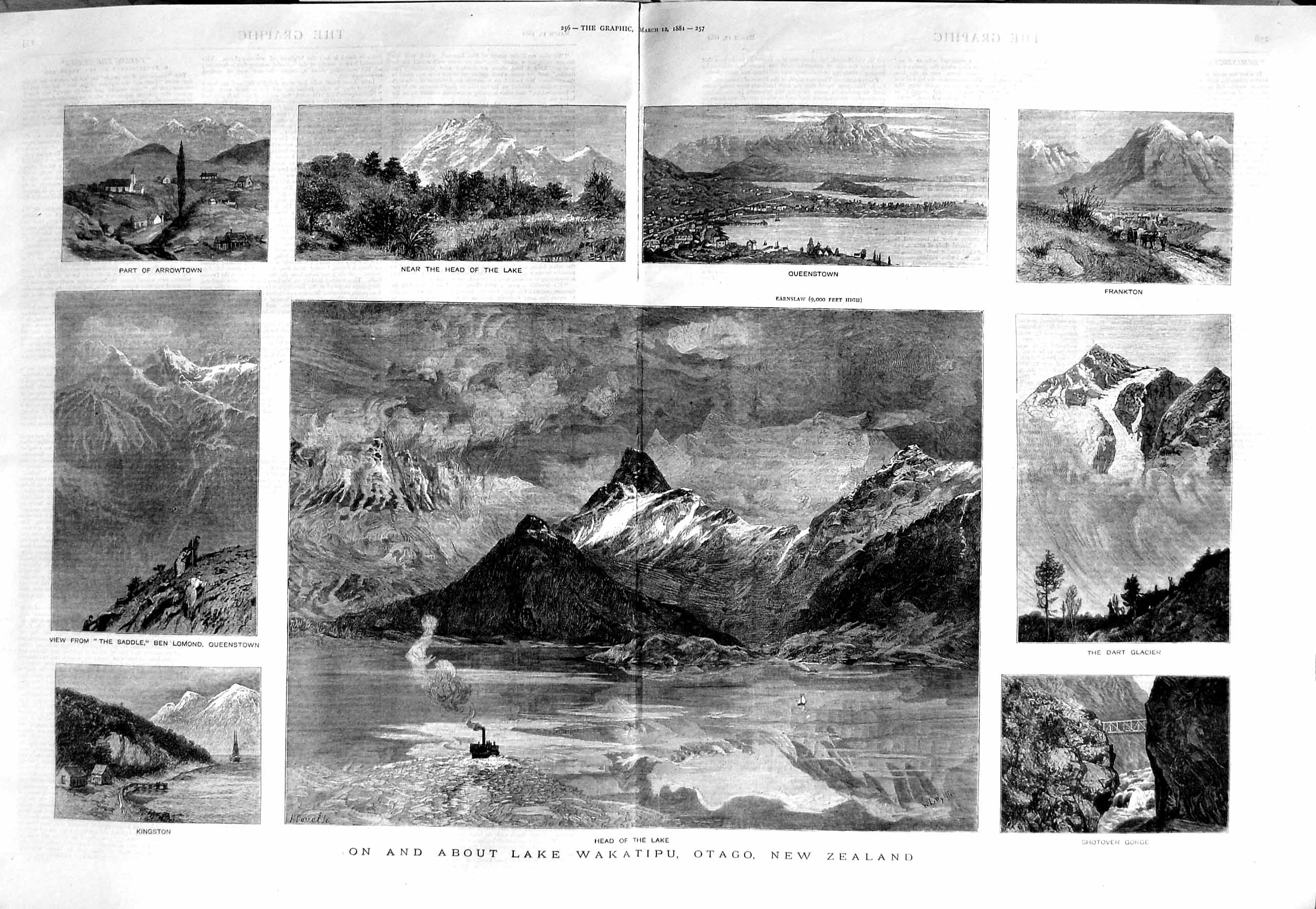 Old Antique Print 1881 Lake Wakatipu Otago New Zealand Queenstown Gorge 19th
