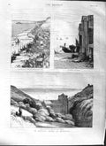 Original Old Antique Print 1881 Hastings All Saints Church Fishermen Net Houses