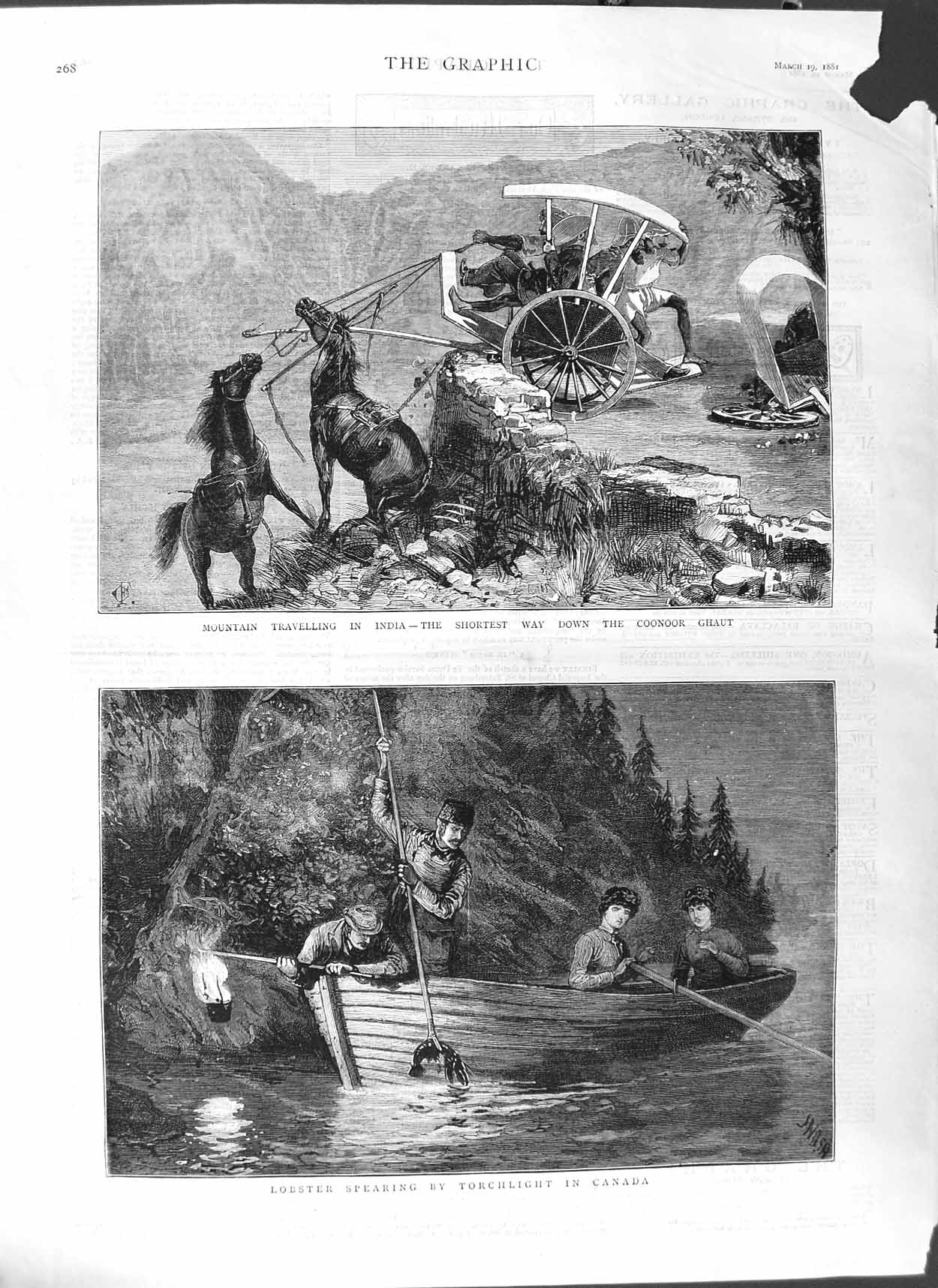 Original Old Antique Print 1881 Mountain Inidia Coohoor Lobster Fishing Canada