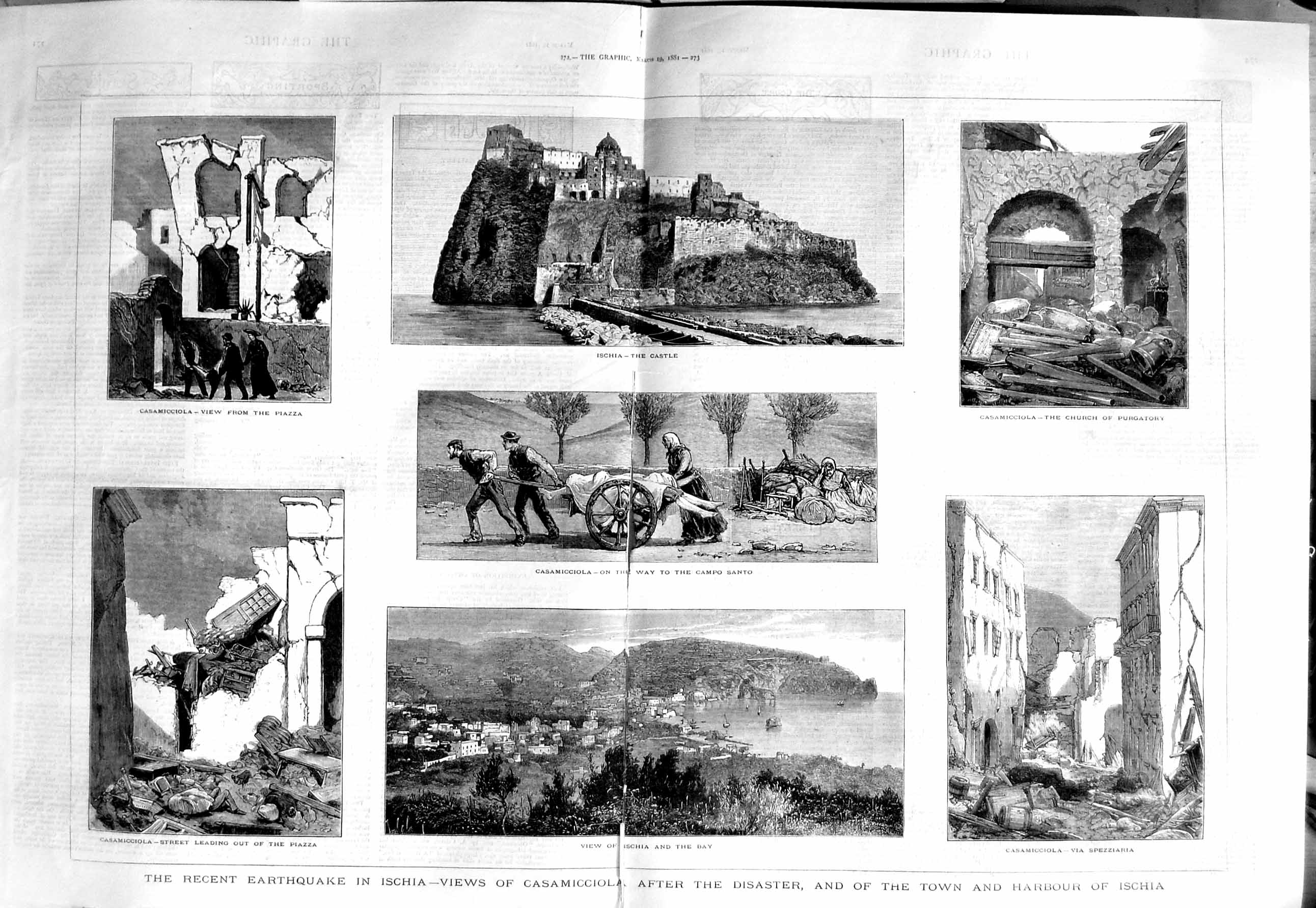 Original Old Antique Print 1881 Earthquake Ischia Casamicciola Campo Santo 19th
