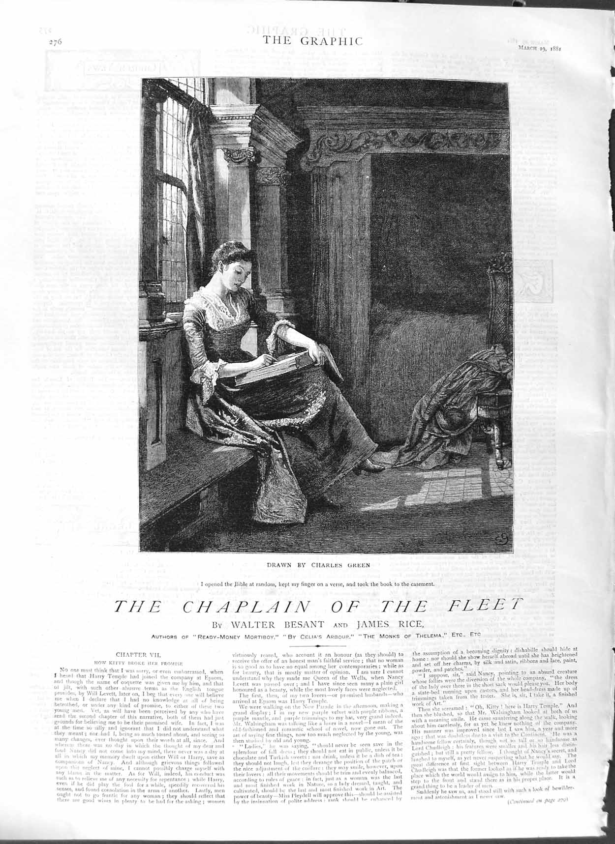 Old Antique Print 1881 Illustration Story Chaplain Fleet Lady Bible Book 19th