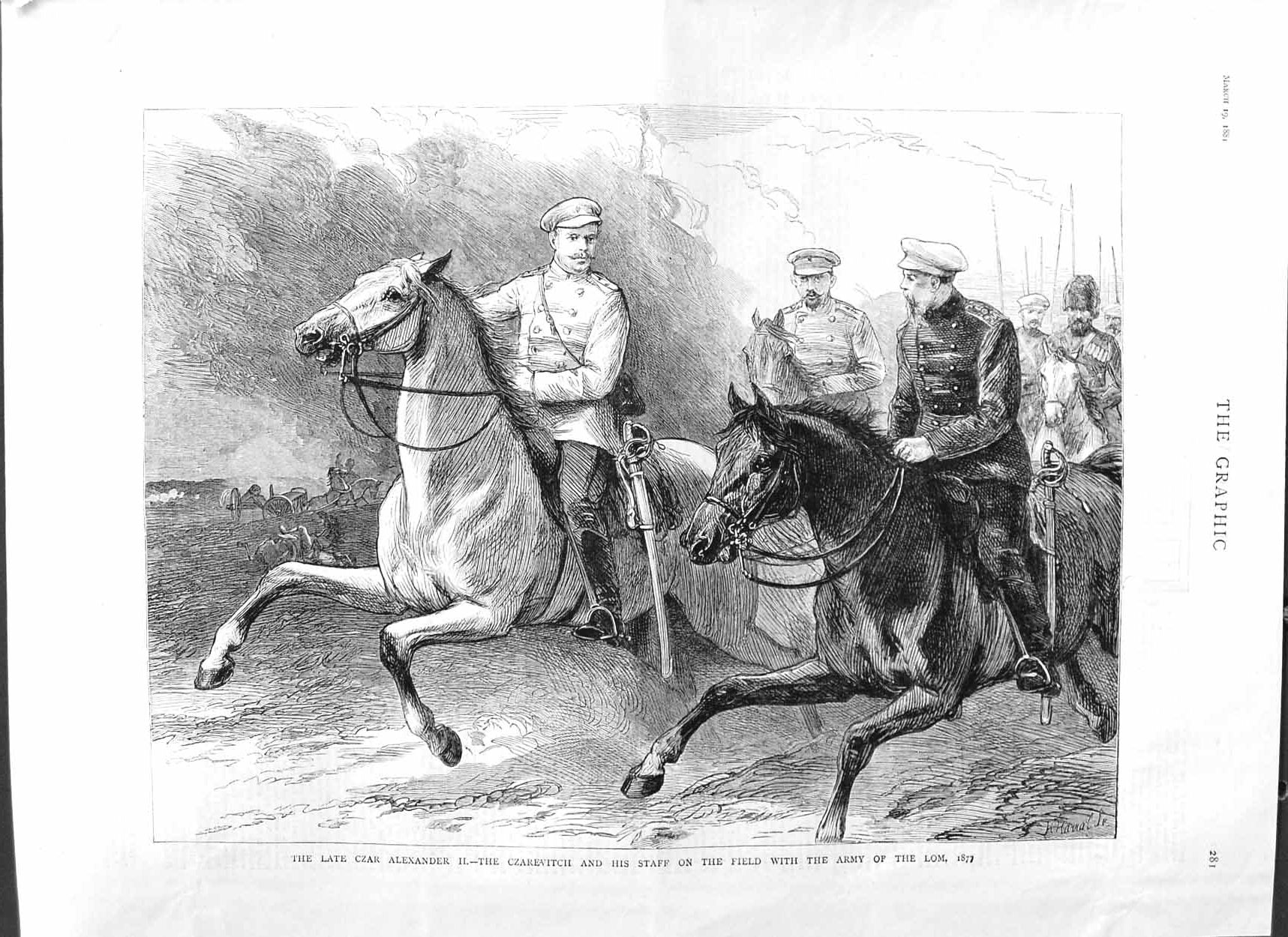 Old Antique Print 1881 Czar Alexander Russia Czarevitch Army Lom Horses 19th