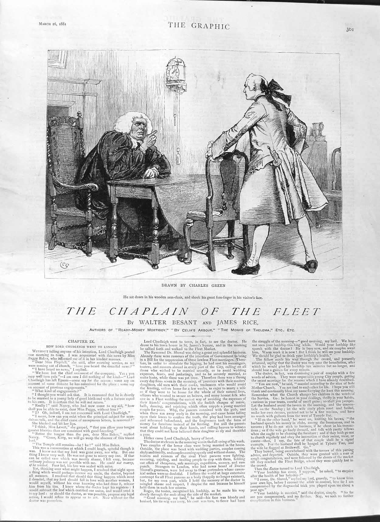 Old Antique Print 1881 Illustration Story Chaplain Fleet Men Wooden Chair 19th