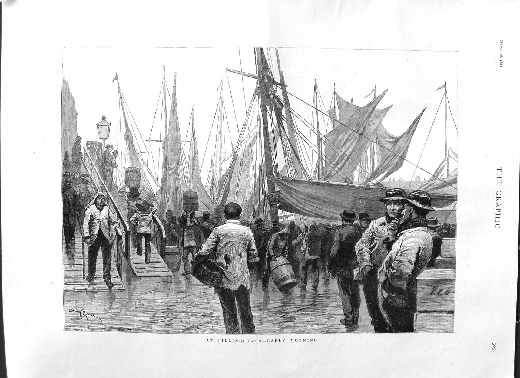Old Antique Print 1881 Scene Billingsgate Fish Market Ships Boats Men Art 19th
