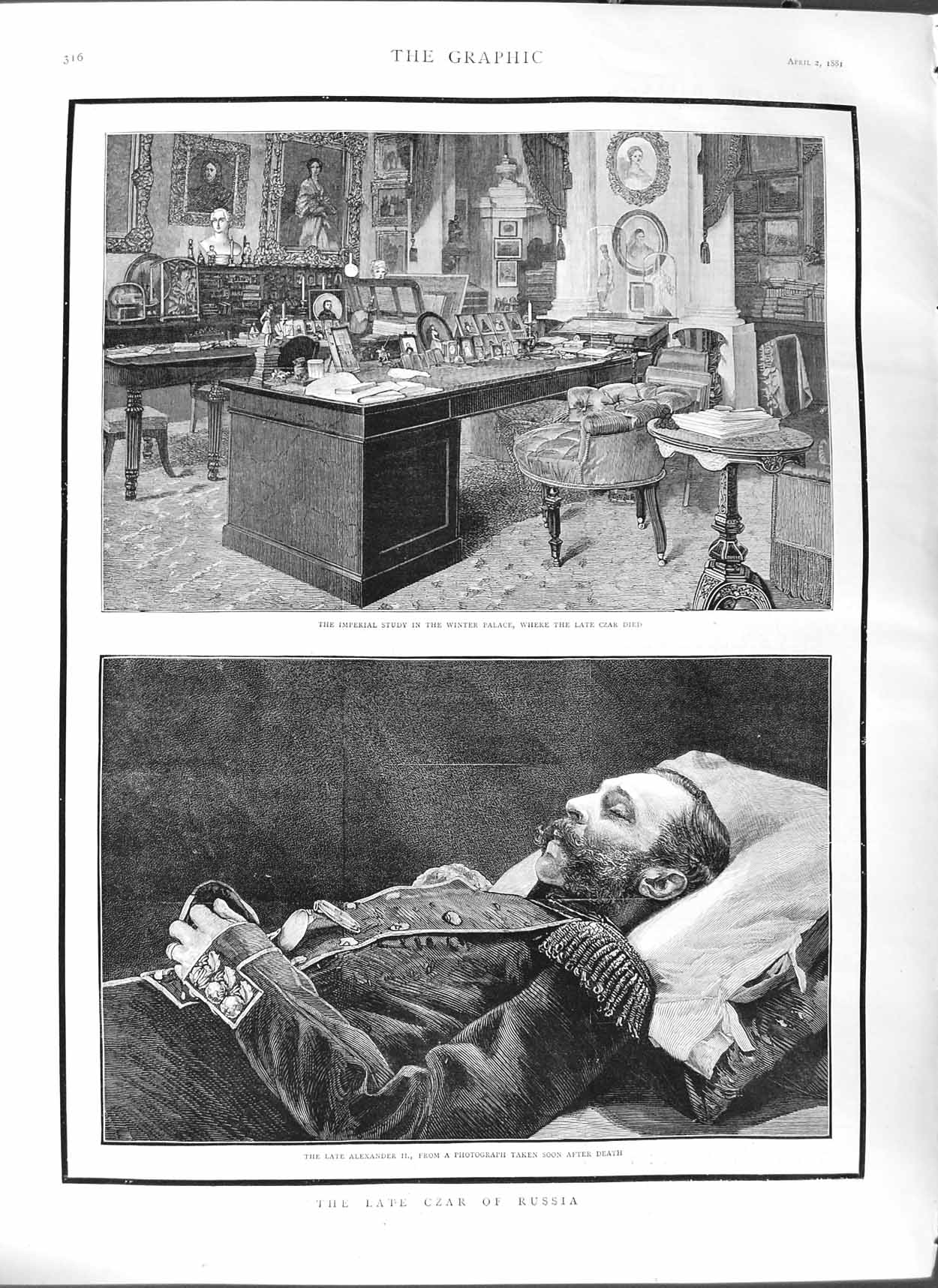 Original Old Antique Print 1881 Czar Russia Winter Palace Study Alexander Death