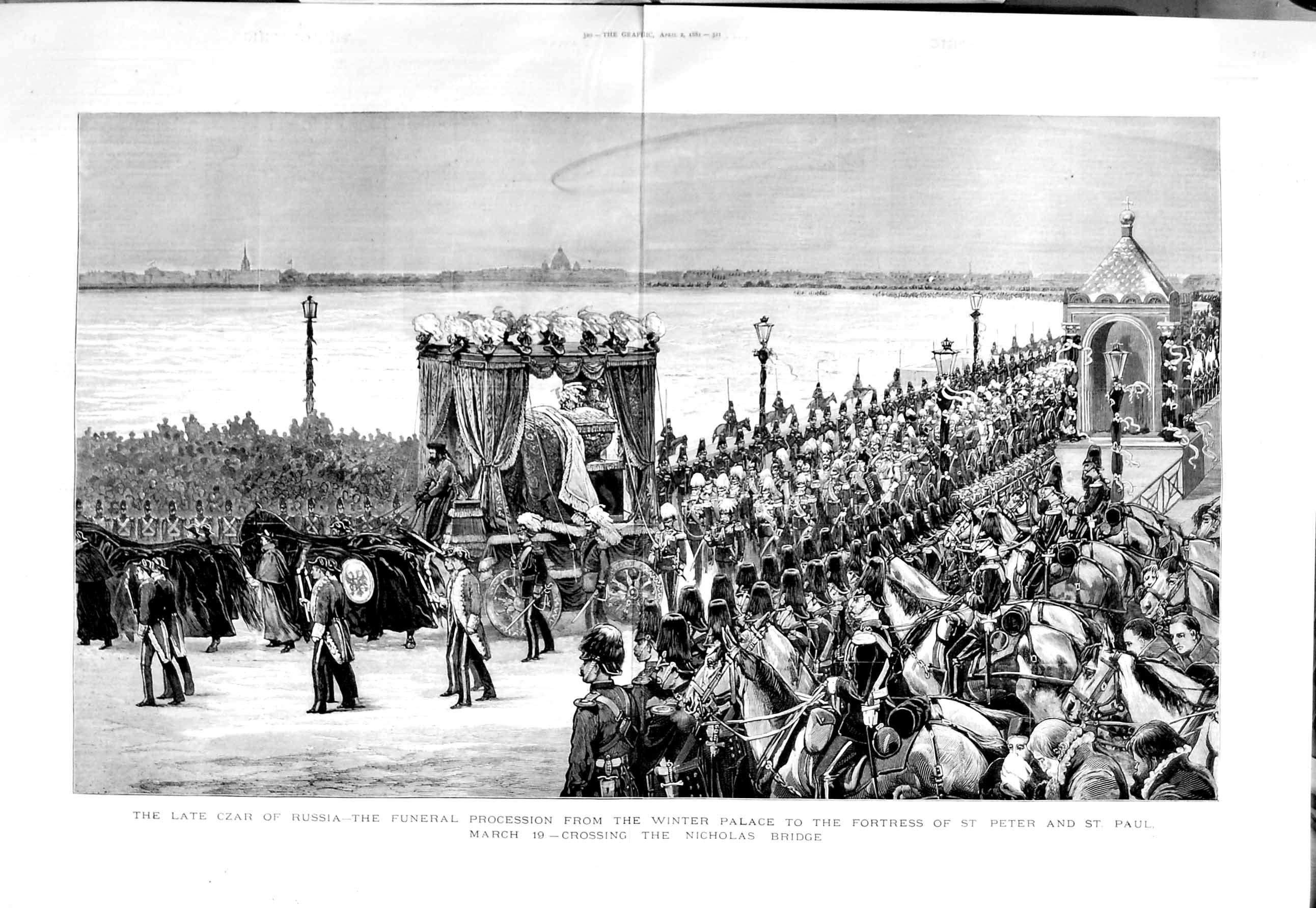 Original Old Antique Print 1881 Czar Russia Funeral Nicholas Bridge Procession