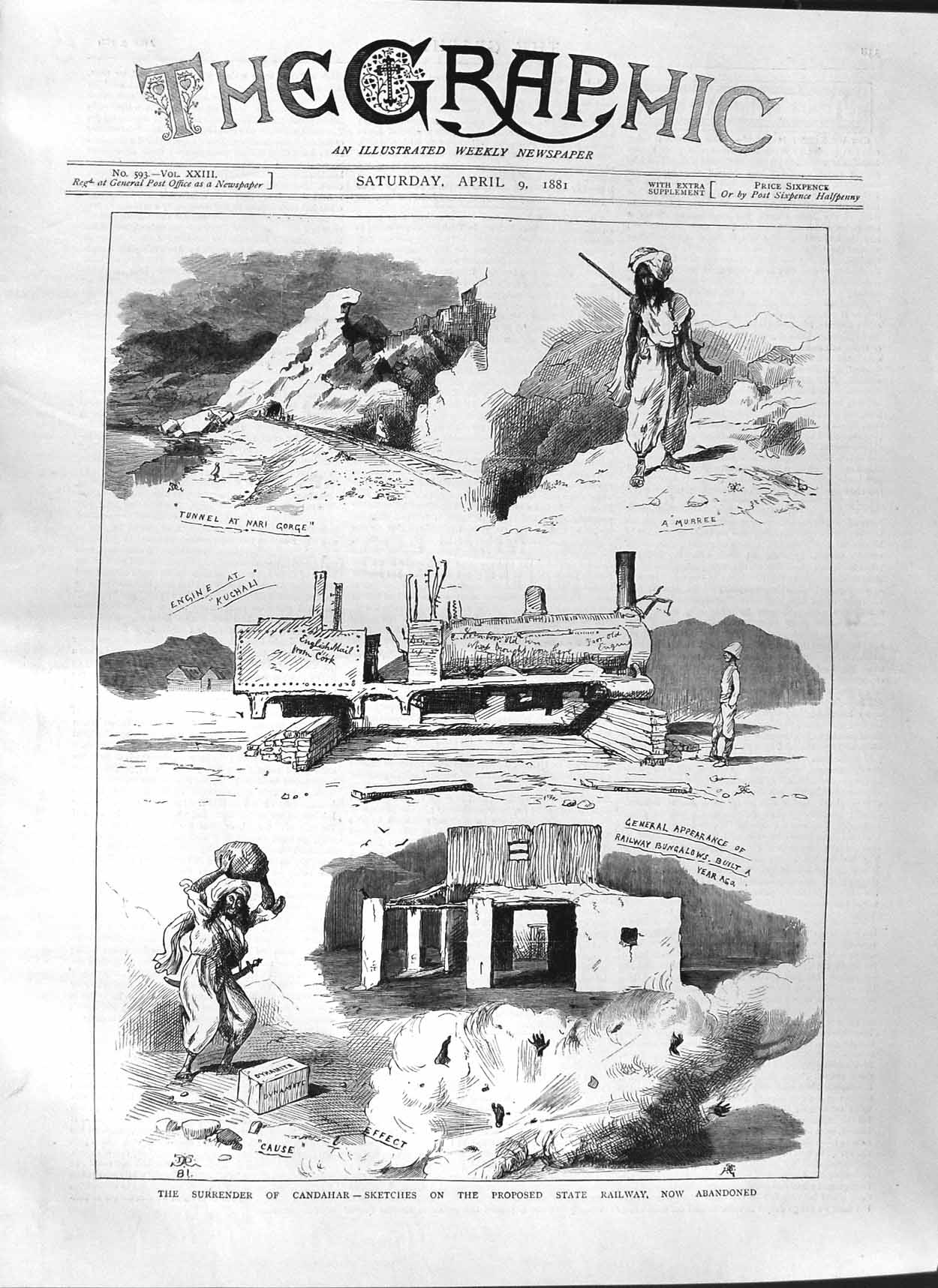 Original Old Antique Print 1881 State Railway Candahar Murree Nari Gorge Train