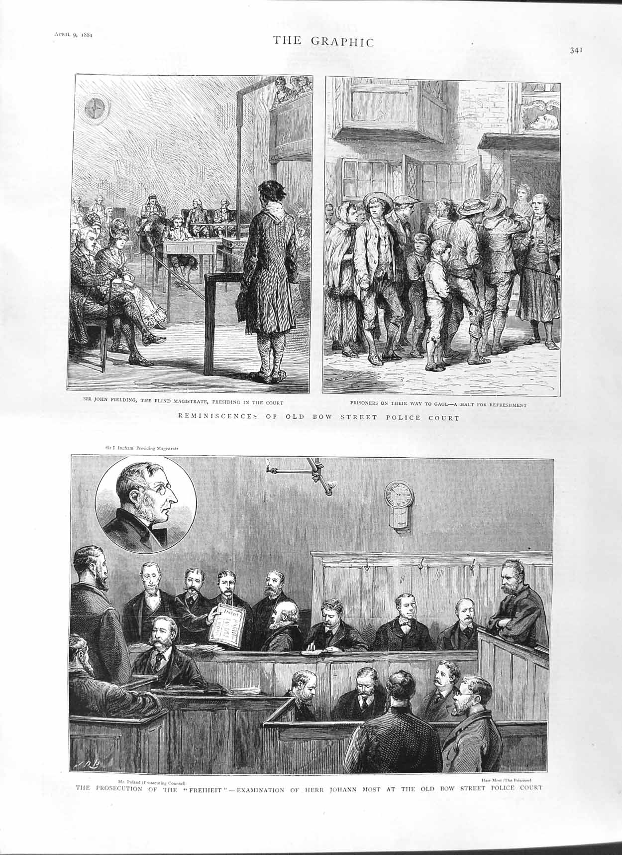 Original Old Antique Print 1881 Bow Street Police Court Freiheit Herr Joha 19th