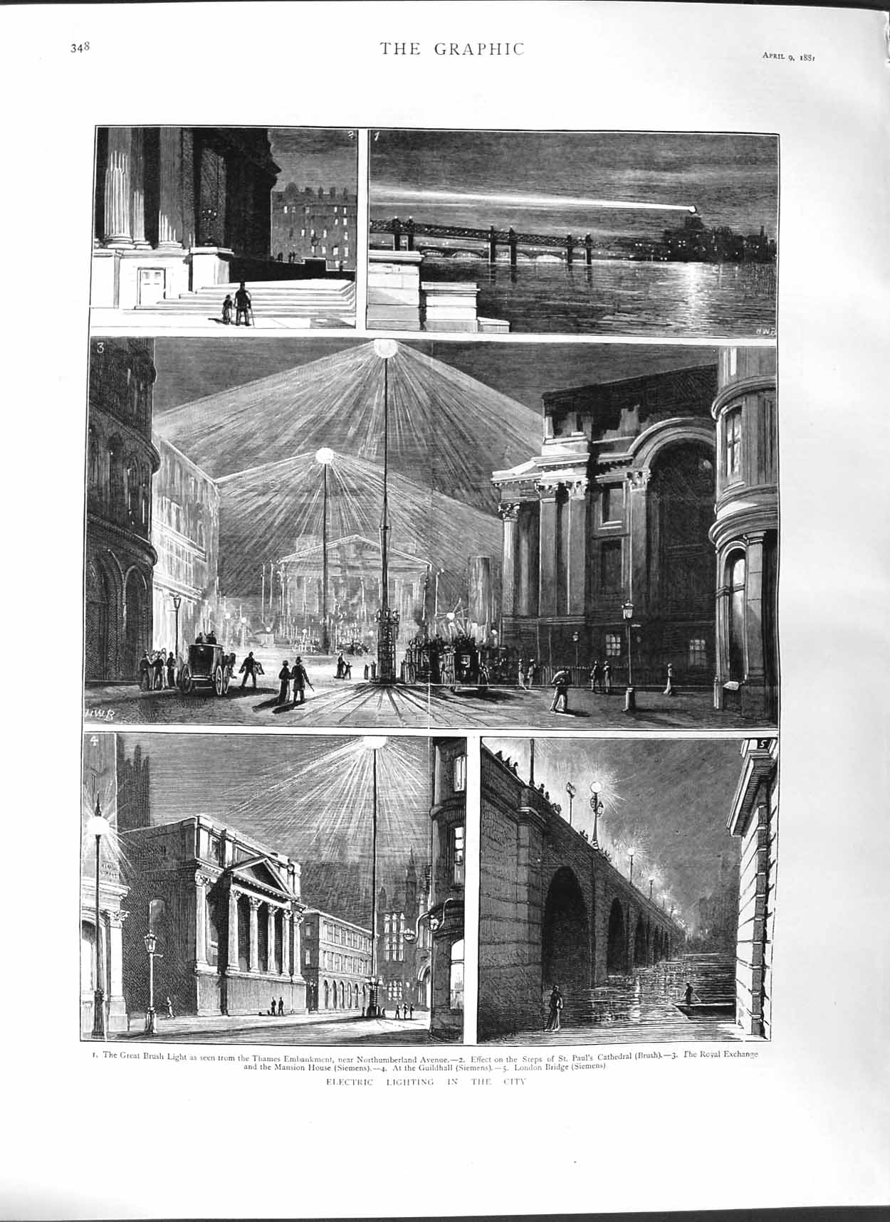 Old Antique Print 1881 Electric Light London Paul'S Cathedral Guildhall 19th