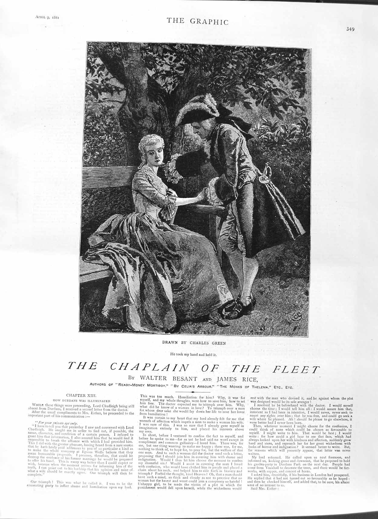Old Antique Print 1881 Illustration Story Chaplain Fleet Romance Man Lady 19th