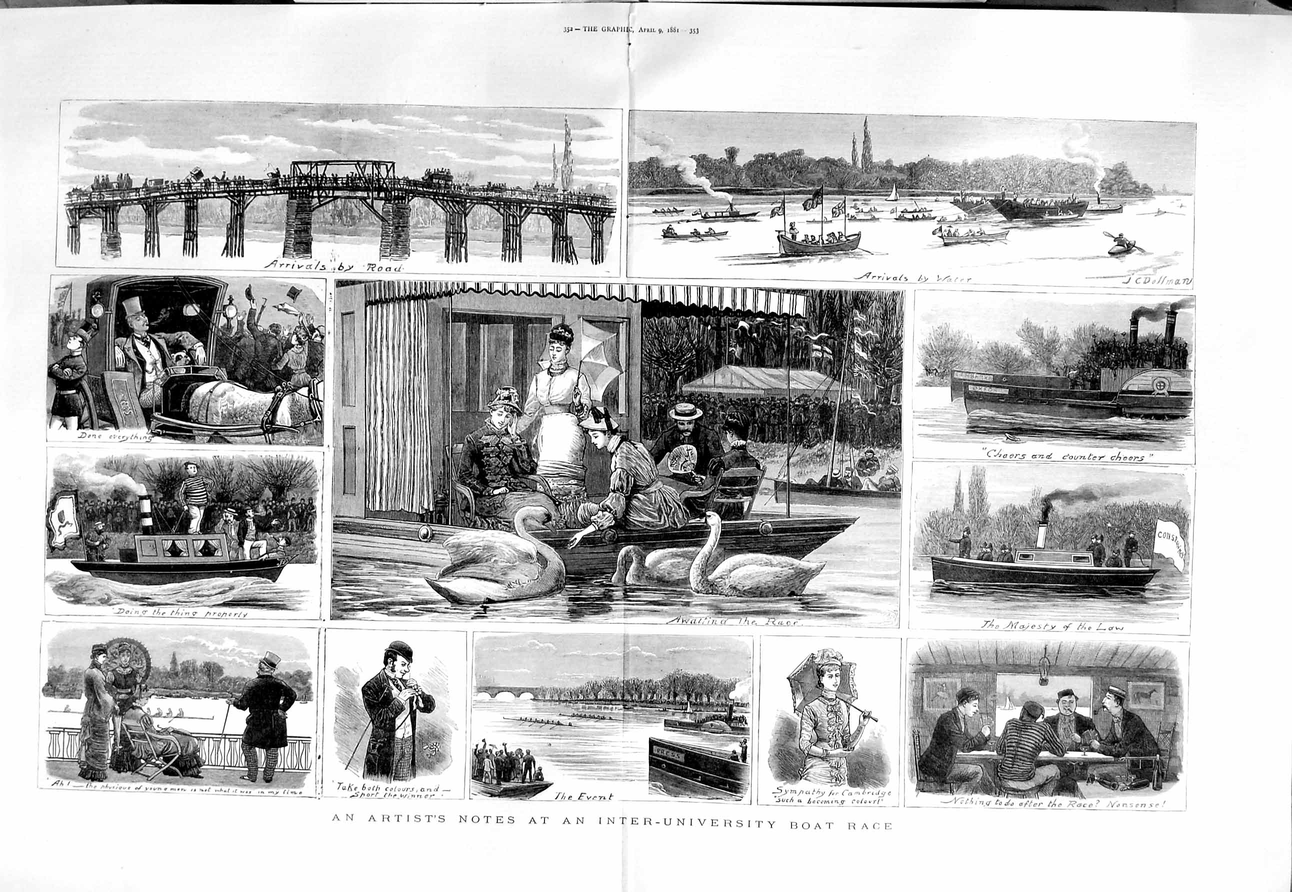 Antique Old Print 1881 Inter-University Boat Race Sport Boats Swans River 19th