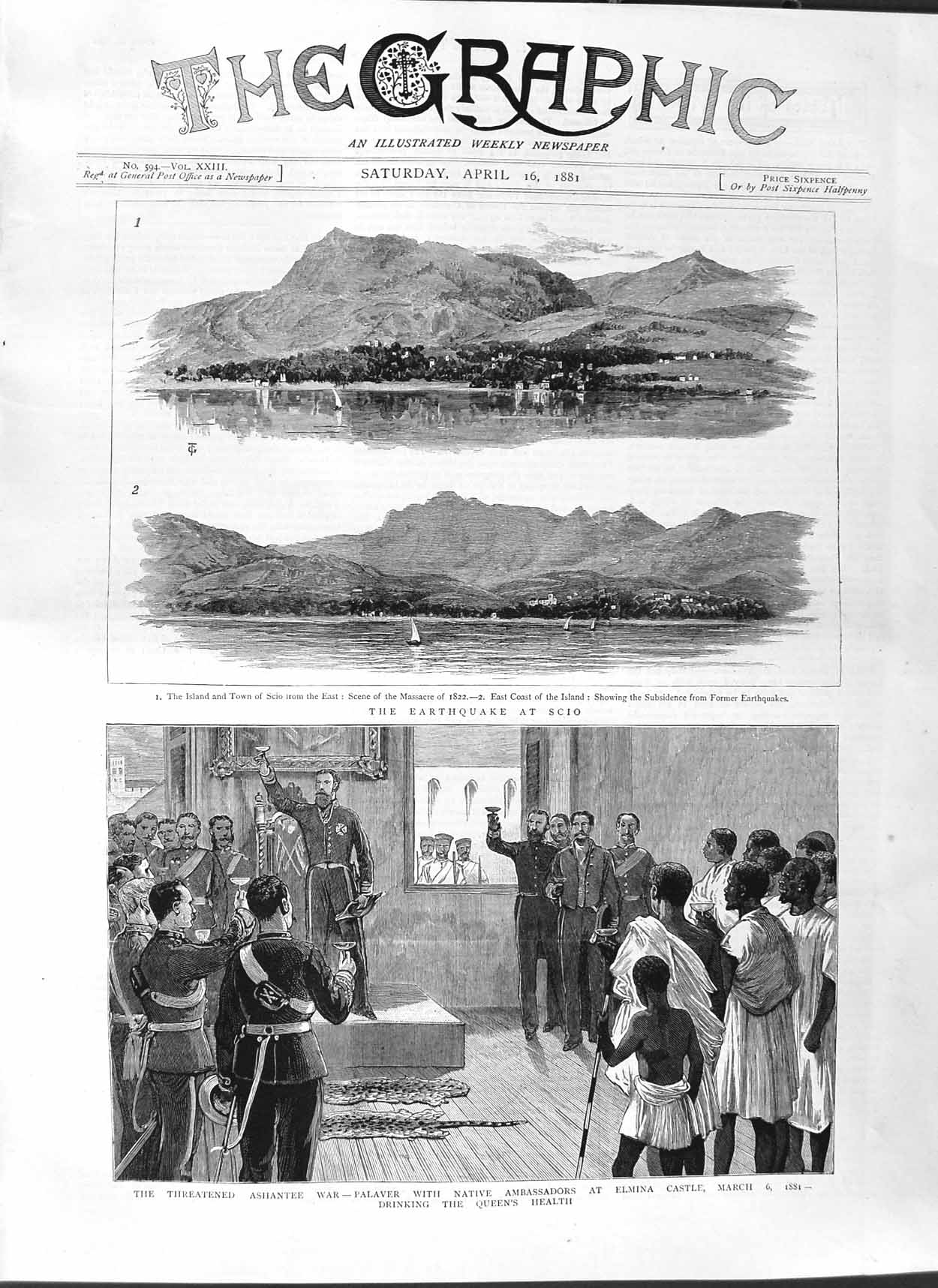 Original Old Antique Print 1881 Earthquake Scio Ashantee War Elmina Cast 19th
