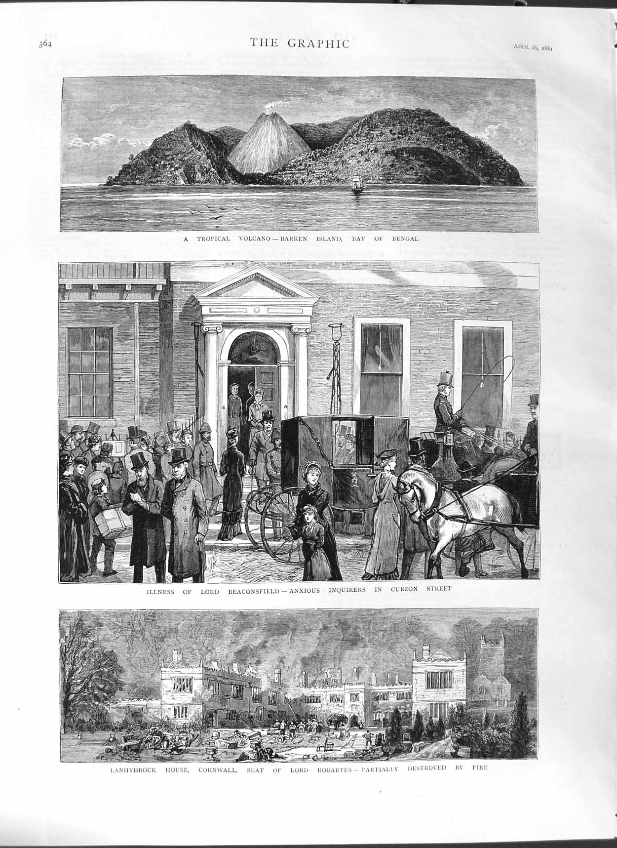 Old Antique Print 1881 Lanhydrock Cornwall Robartes Beaconsfield Volcano 19th