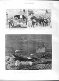 Original Old Antique Print 1881 Military Transport Coaling Boat Madeira Horses
