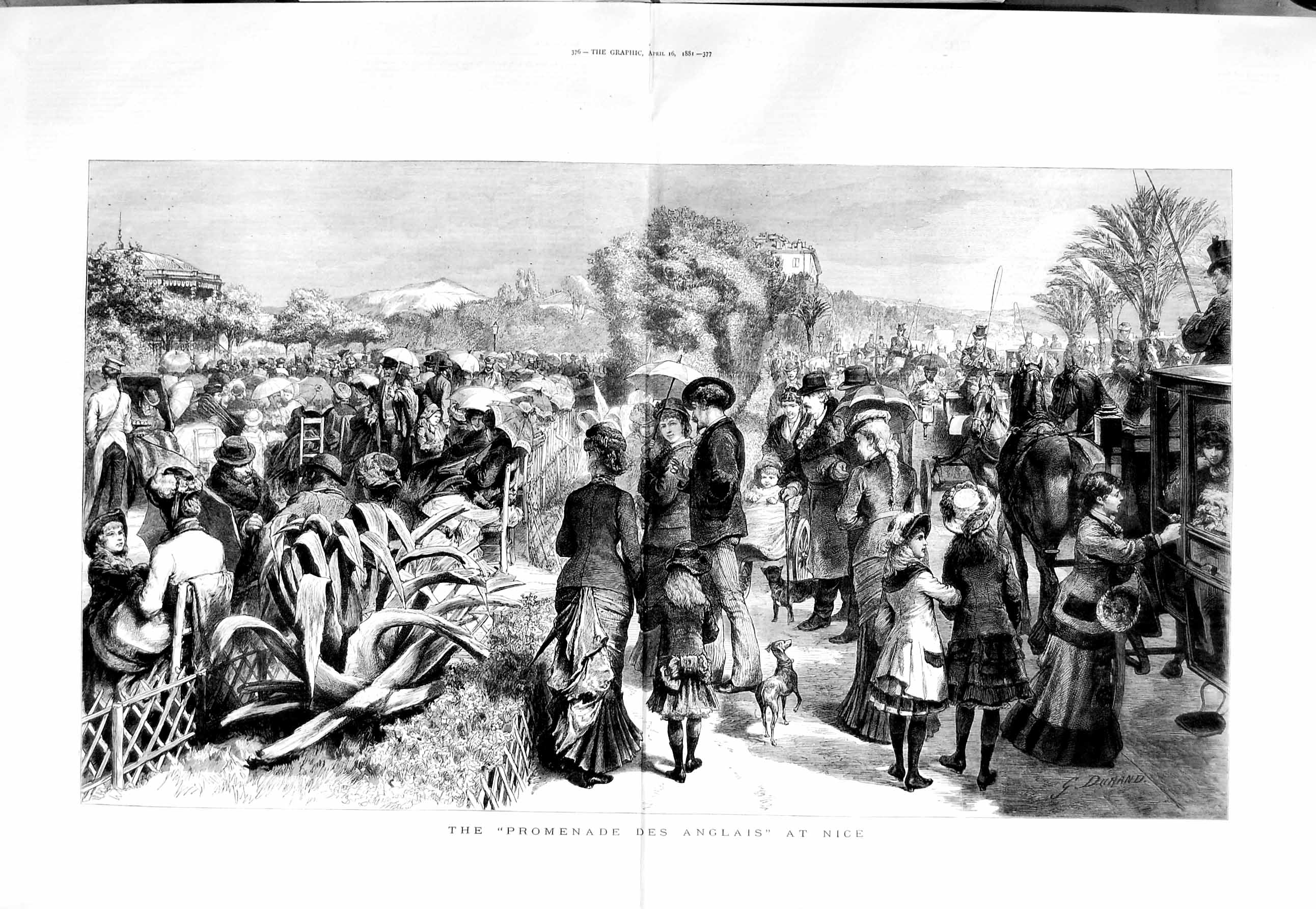 Original Old Antique Print 1881 Scene Promenade Anglais Nice France Children