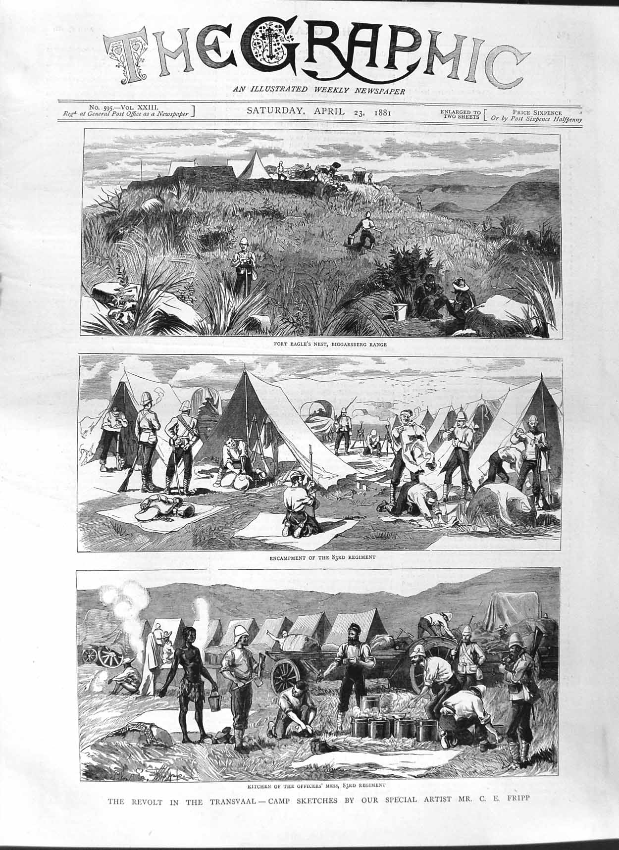 Old Antique Print 1881 Fort Eagle Biggarsberg Transvaal Kitchen Camp War 19th
