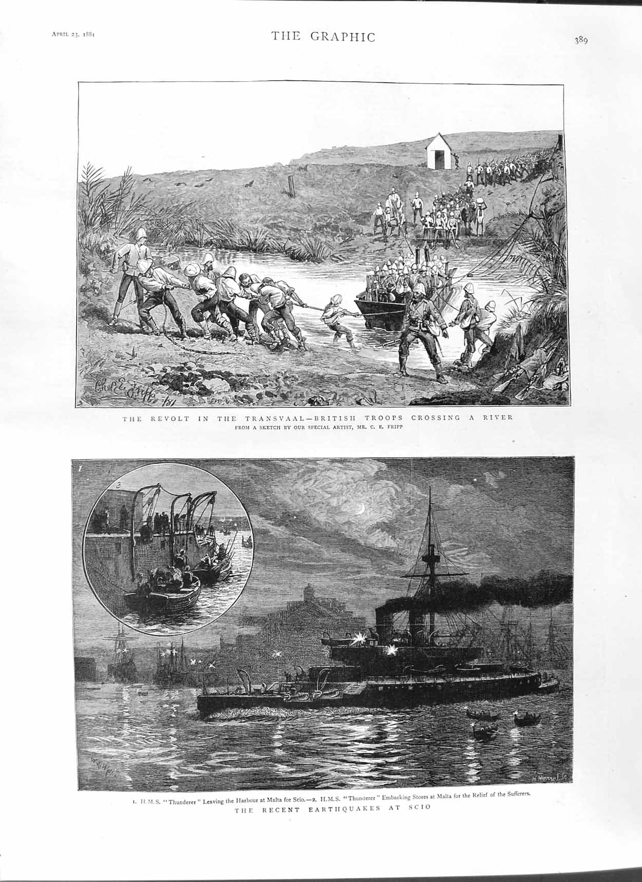 Original Old Antique Print 1881 Earthquakes Scio Ship Thunderer Harbour Malta