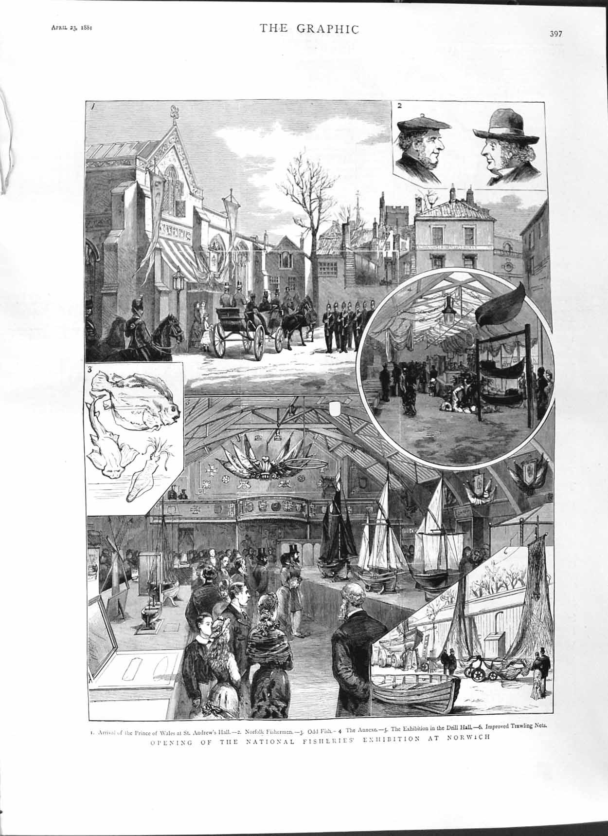 Old Antique Print 1881 National Fisheries Exhibition Norwich Prince Wales 19th