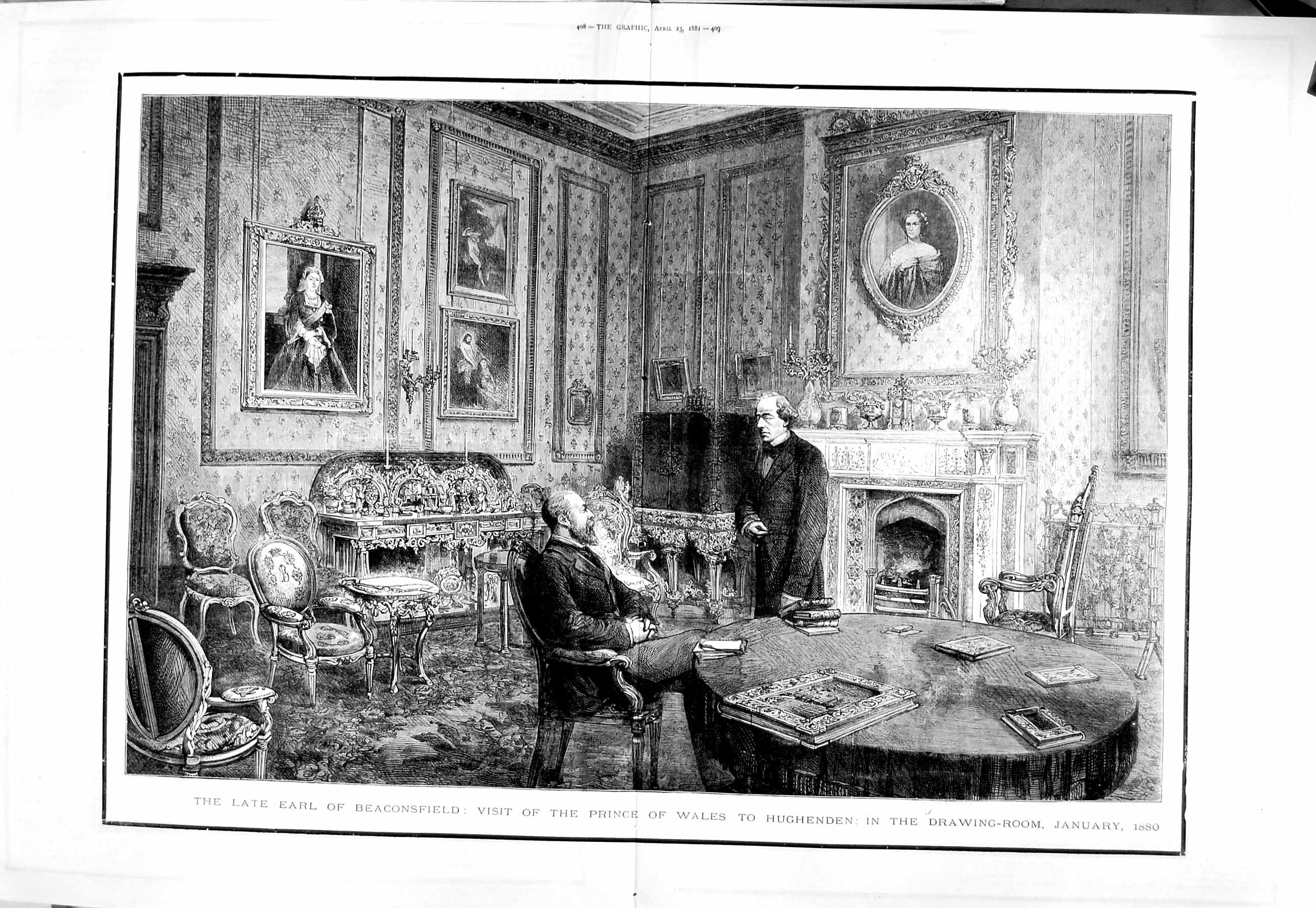 Original Old Antique Print 1881 Earl Beaconsfield Hughenden Manor Queen 19th