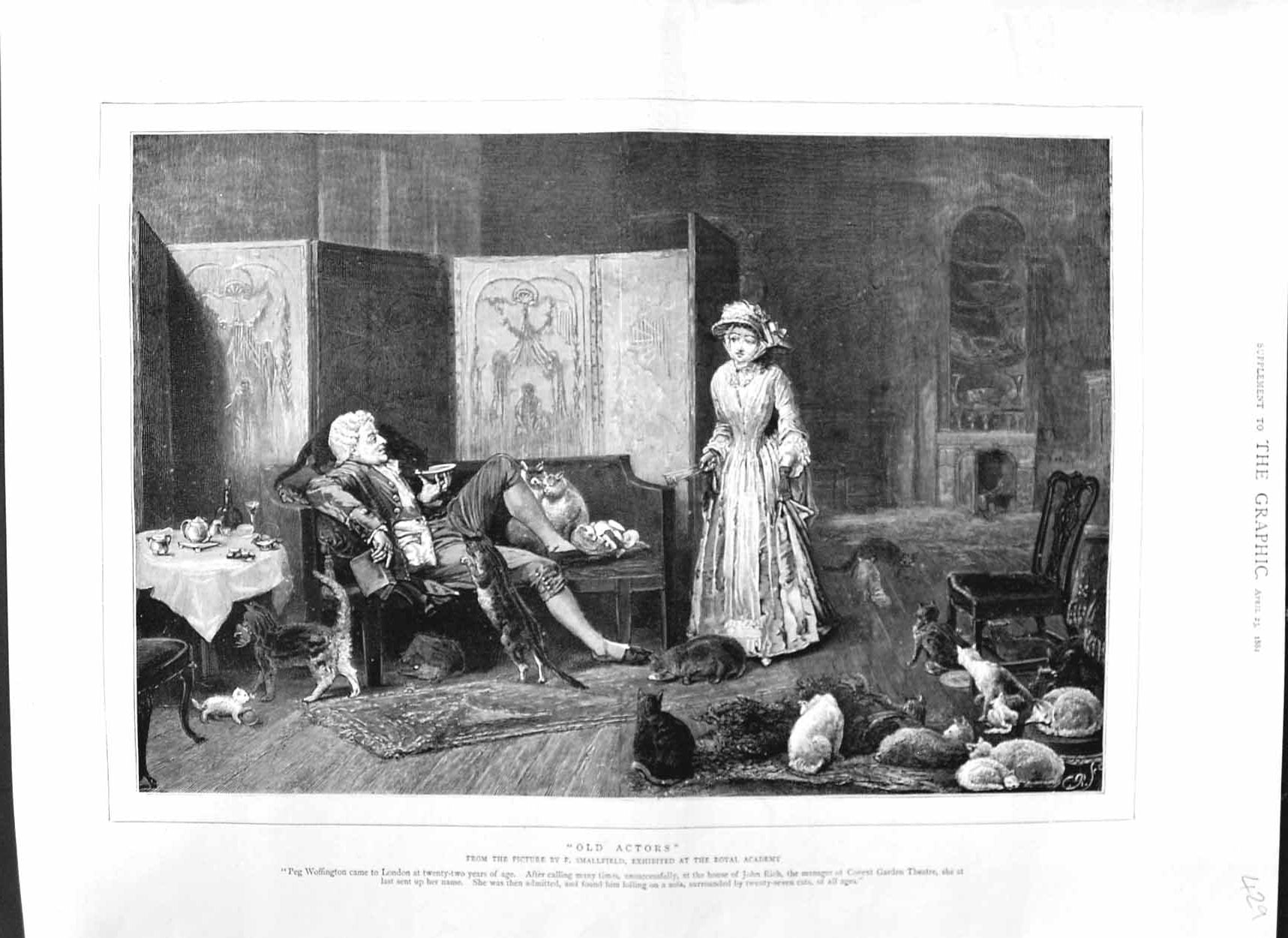 Original Old Antique Print 1881 Peg Woffington John Rich Cats Covent Victorian