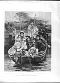 Original Old Antique Print 1881 Fine Art Family River Boat Trees Gregory 19th